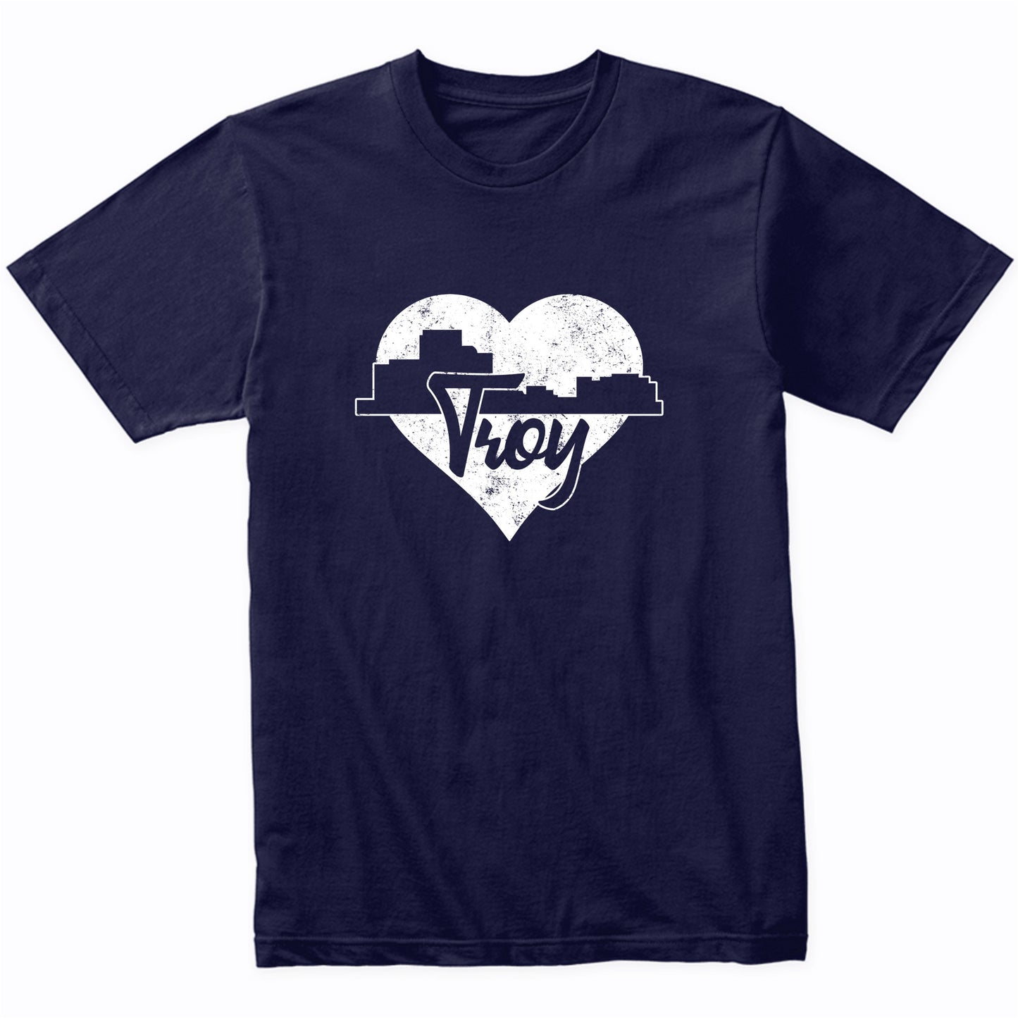 Retro Troy Michigan Skyline Heart Distressed T-Shirt