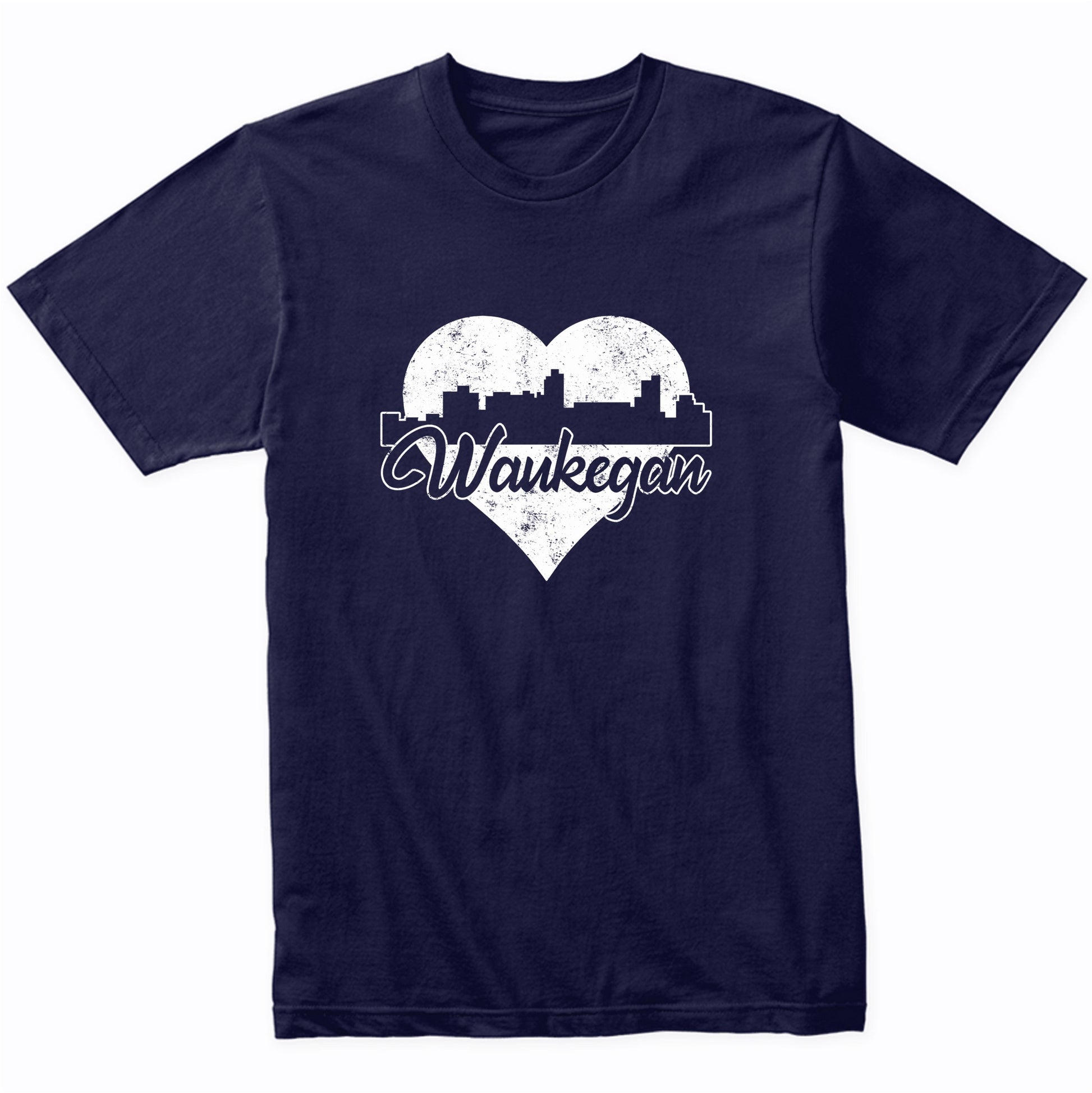 Retro Waukegan Illinois Skyline Heart Distressed T-Shirt