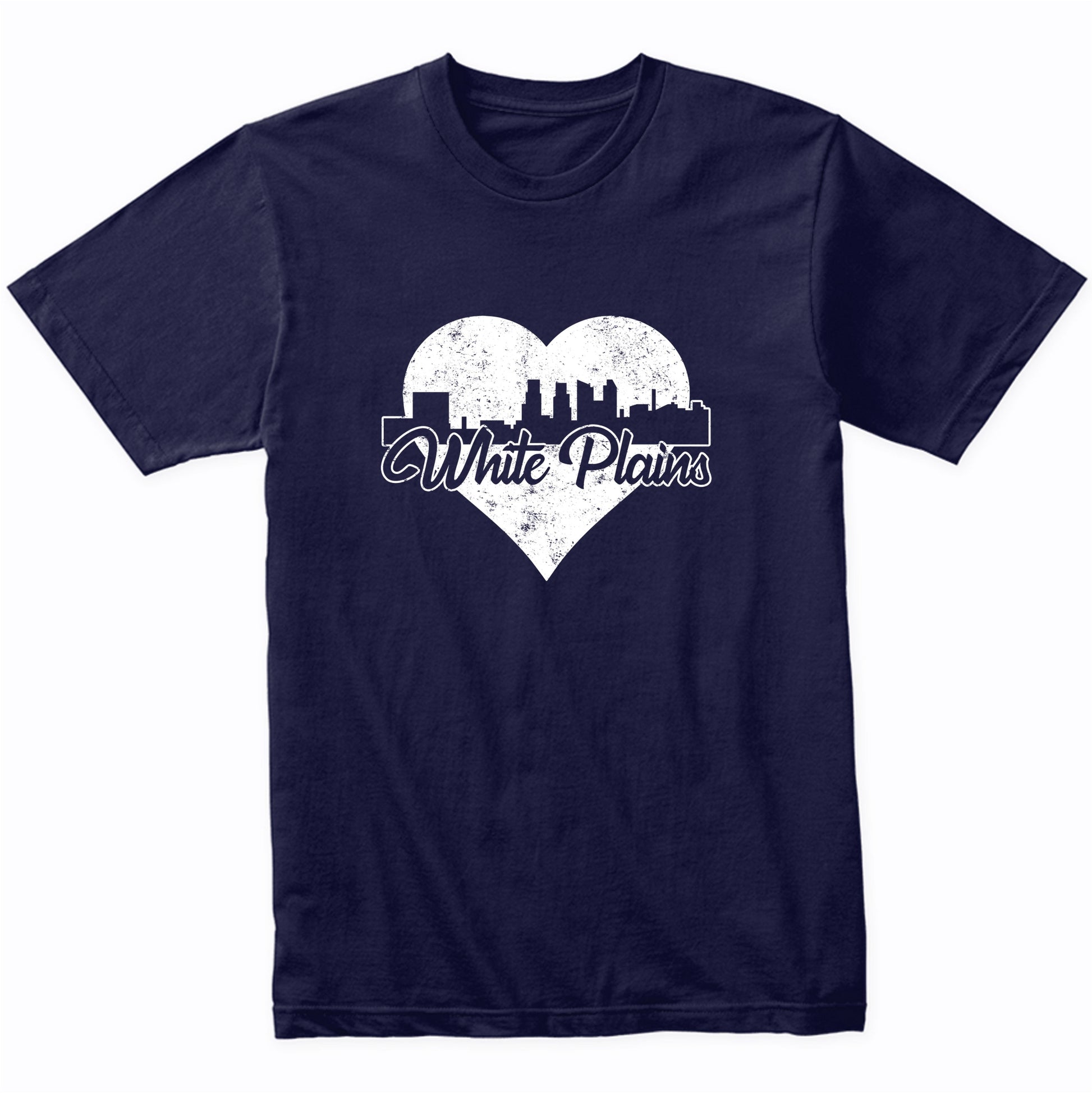 Retro White Plains New York Skyline Heart Distressed T-Shirt