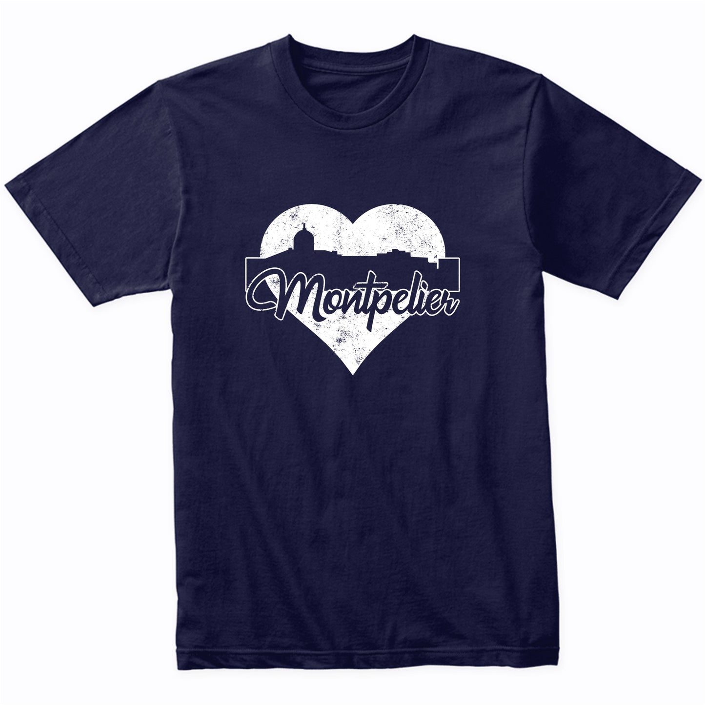 Retro Montpelier Vermont Skyline Heart Distressed T-Shirt
