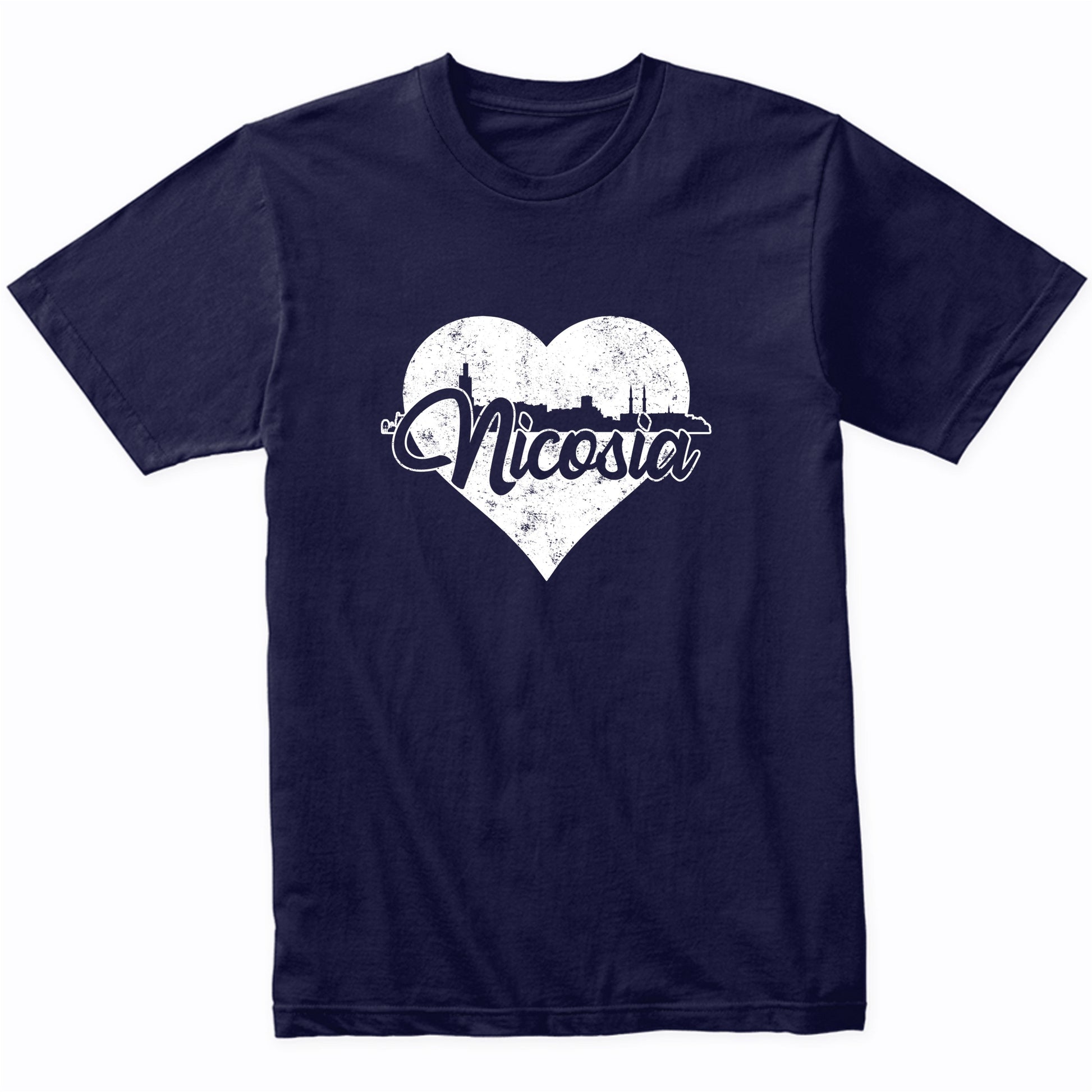 Retro Nicosia Cyprus Skyline Heart Distressed T-Shirt