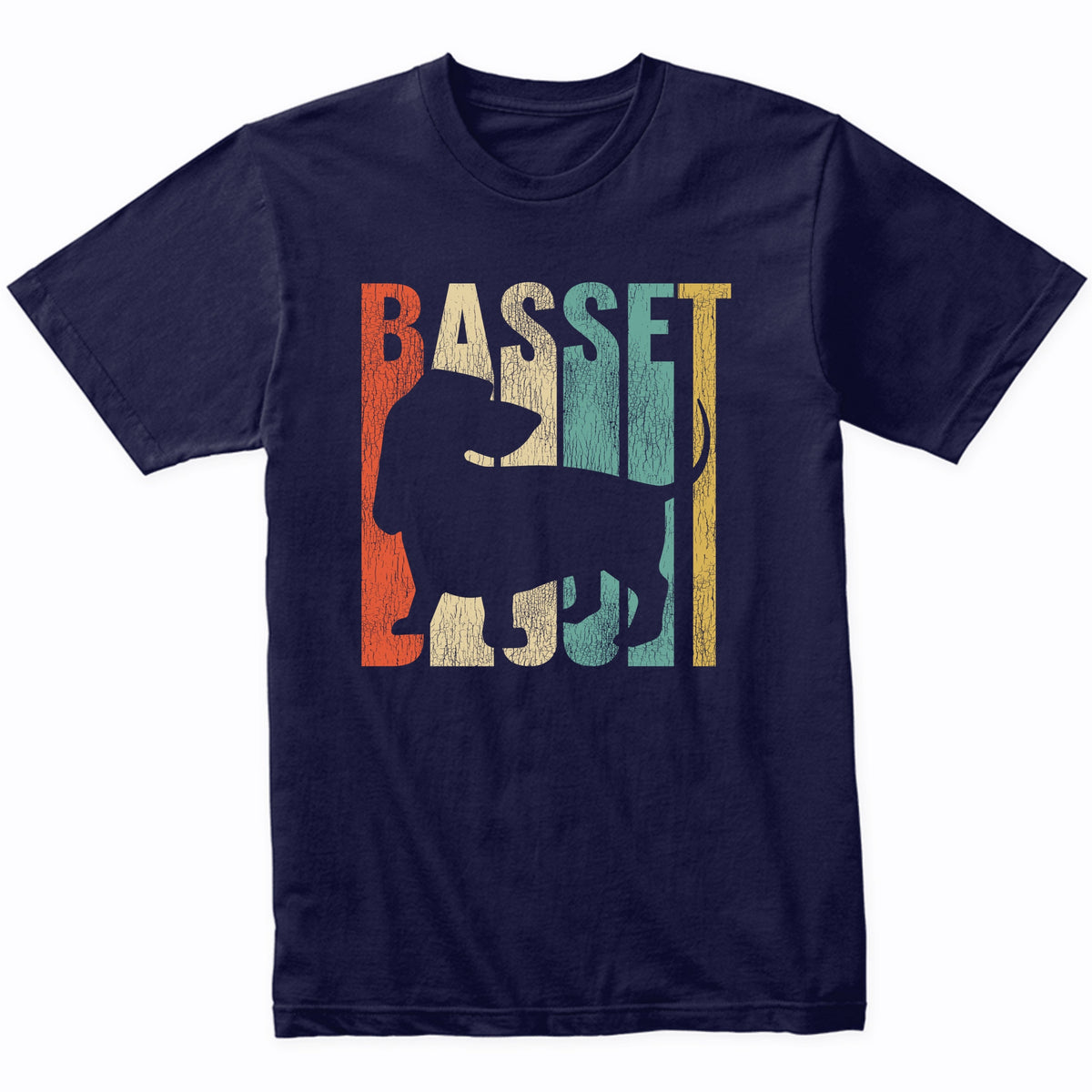 Retro 1970's Style Basset Hound Dog Silhouette Cracked Distressed T-Shirt