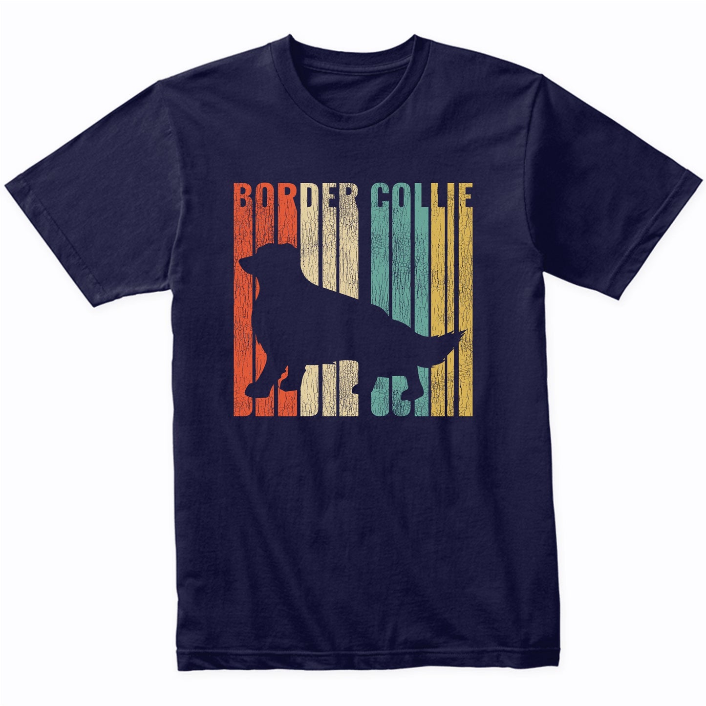 Retro 1970's Style Border Collie Dog Silhouette Cracked Distressed T-Shirt