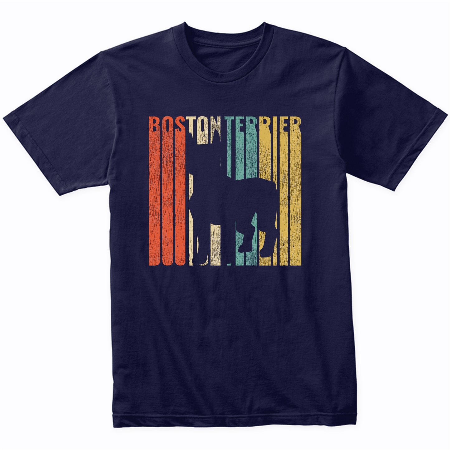 Retro 1970's Style Boston Terrier Dog Silhouette Cracked Distressed T-Shirt
