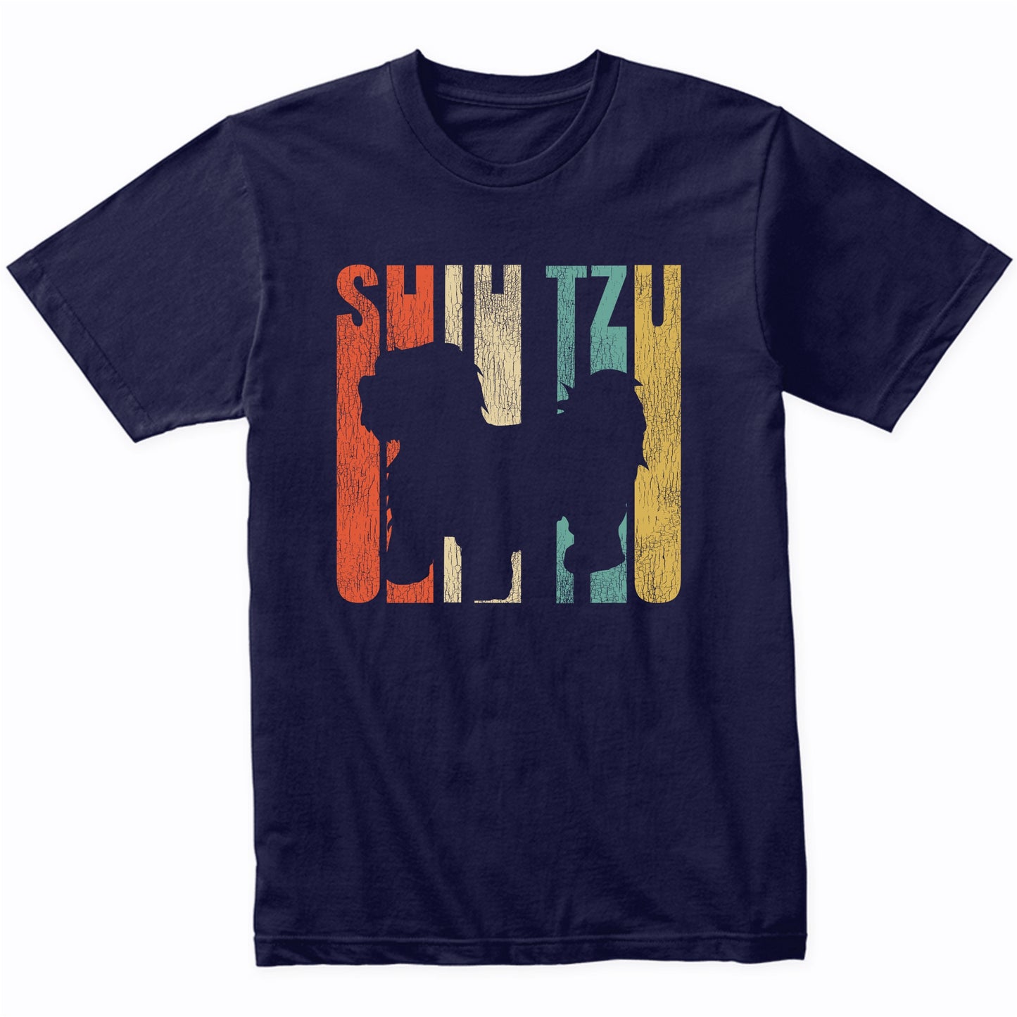 Retro 1970's Style Shih Tzu Dog Silhouette Cracked Distressed T-Shirt