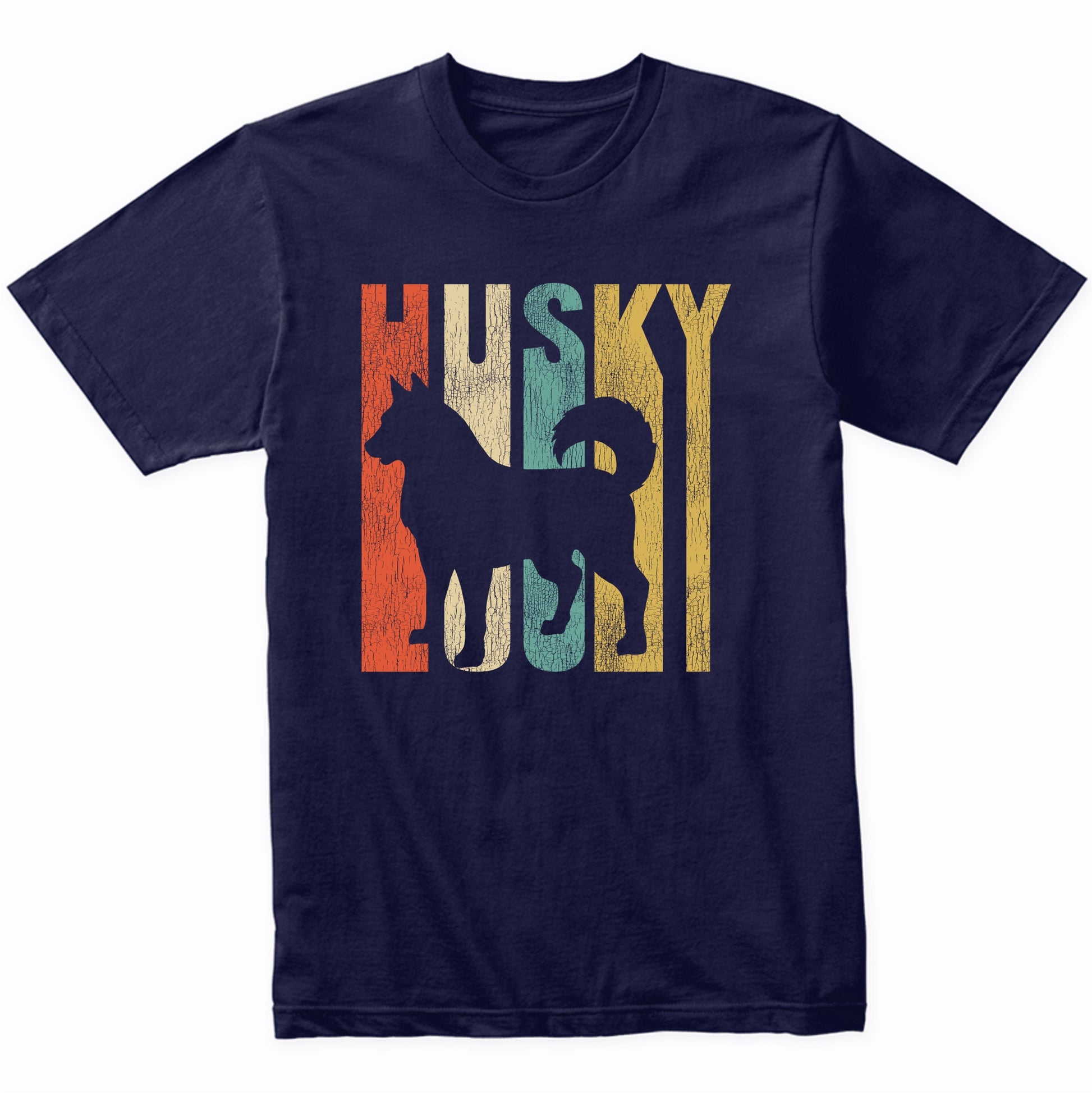 Retro 1970's Style Siberian Husky Dog Silhouette Cracked Distressed T-Shirt