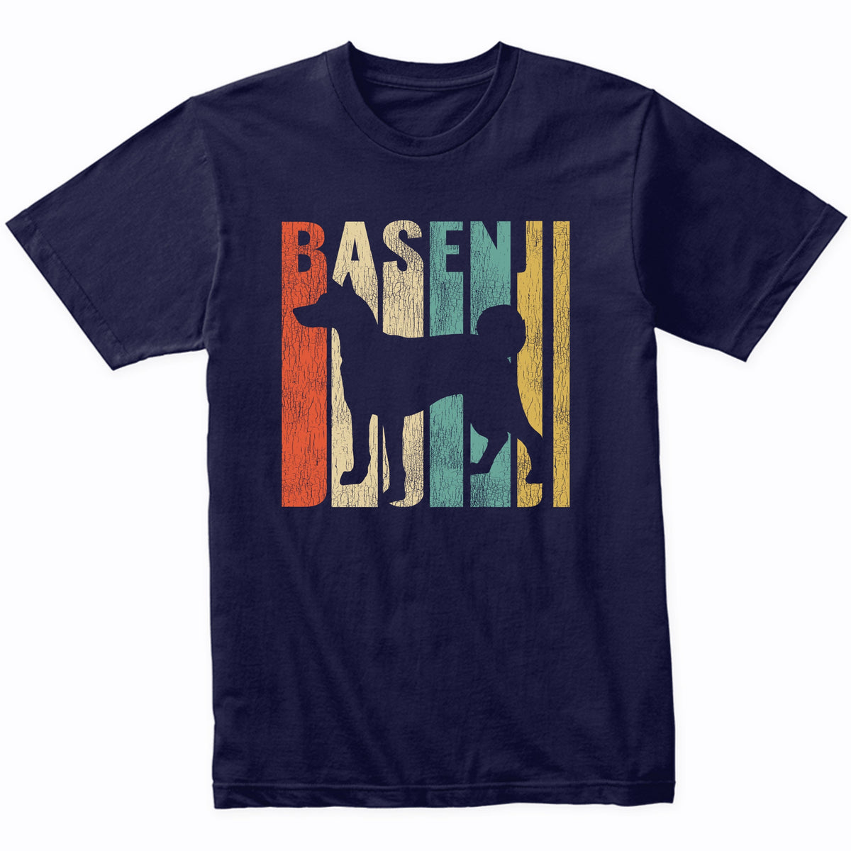 Retro 1970's Style Basenji Dog Silhouette Cracked Distressed T-Shirt