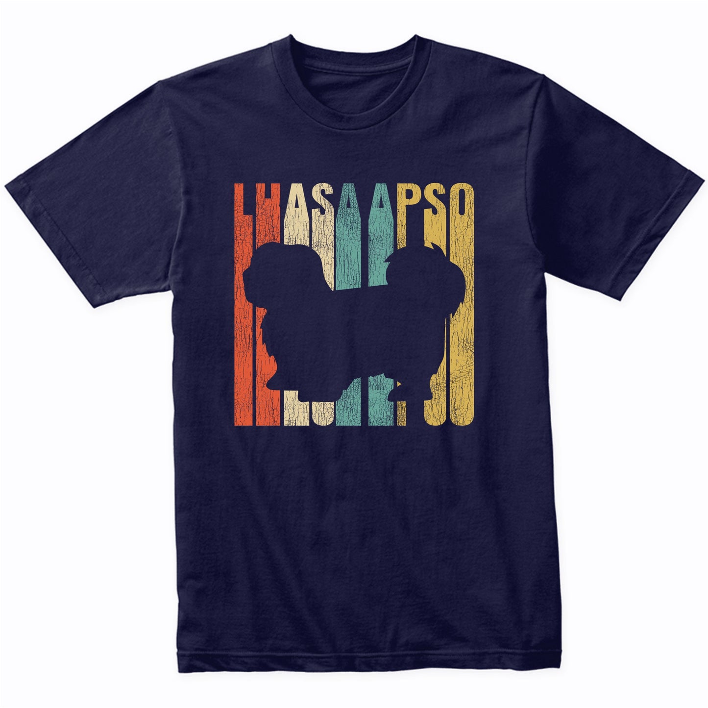 Retro 1970's Style Lhasa Apso Dog Silhouette Cracked Distressed T-Shirt