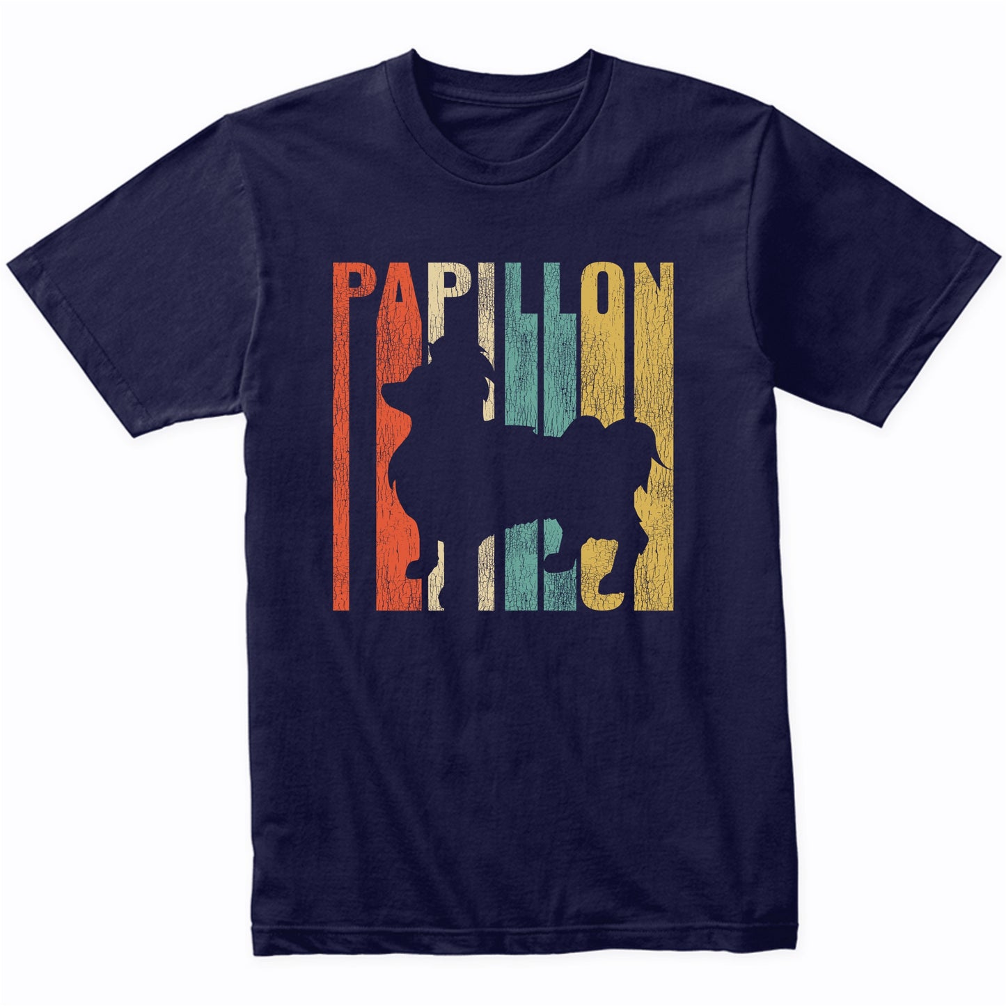 Retro 1970's Style Papillon Dog Silhouette Cracked Distressed T-Shirt