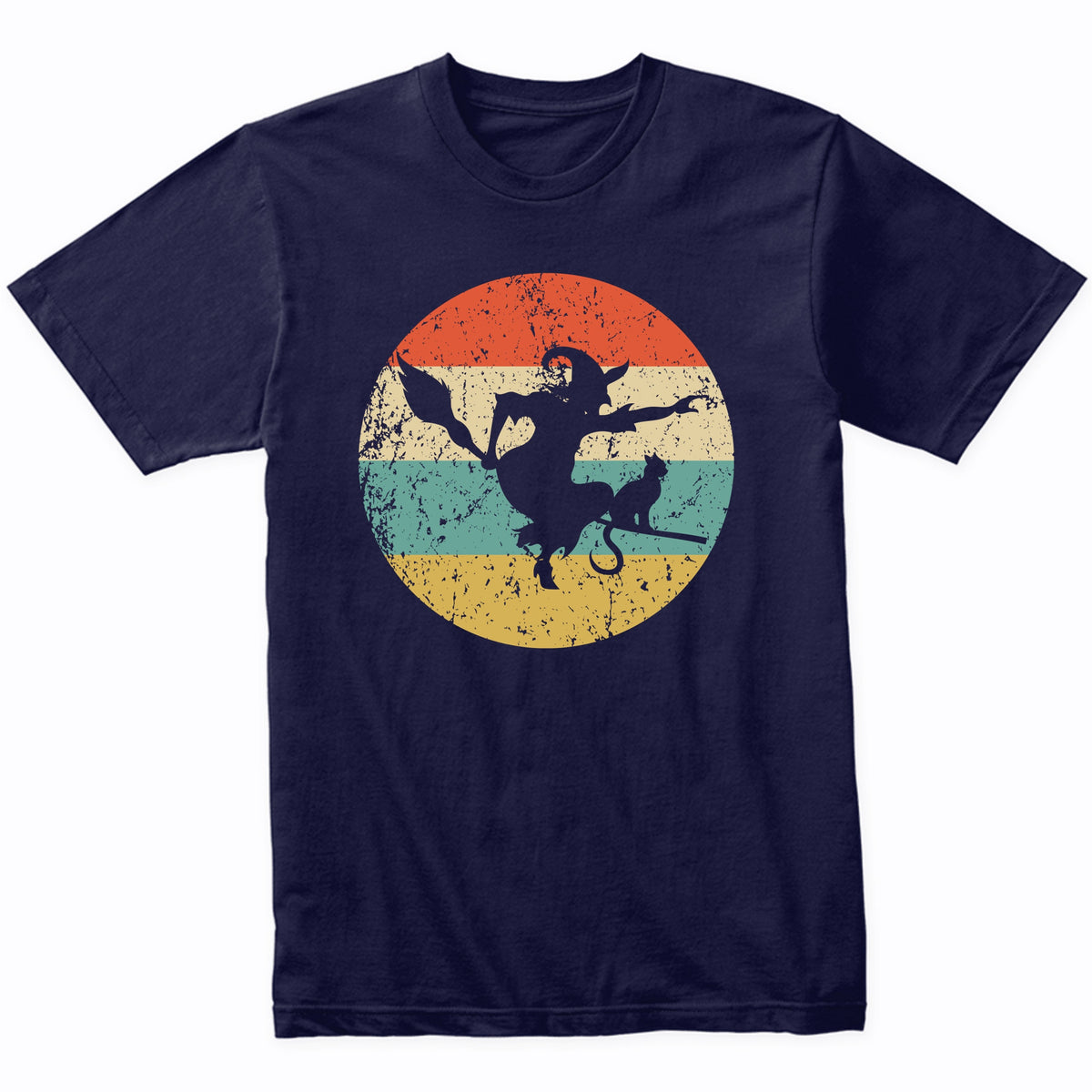 Retro Spooky Scary Flying Witch on Broom Stick Halloween T-Shirt