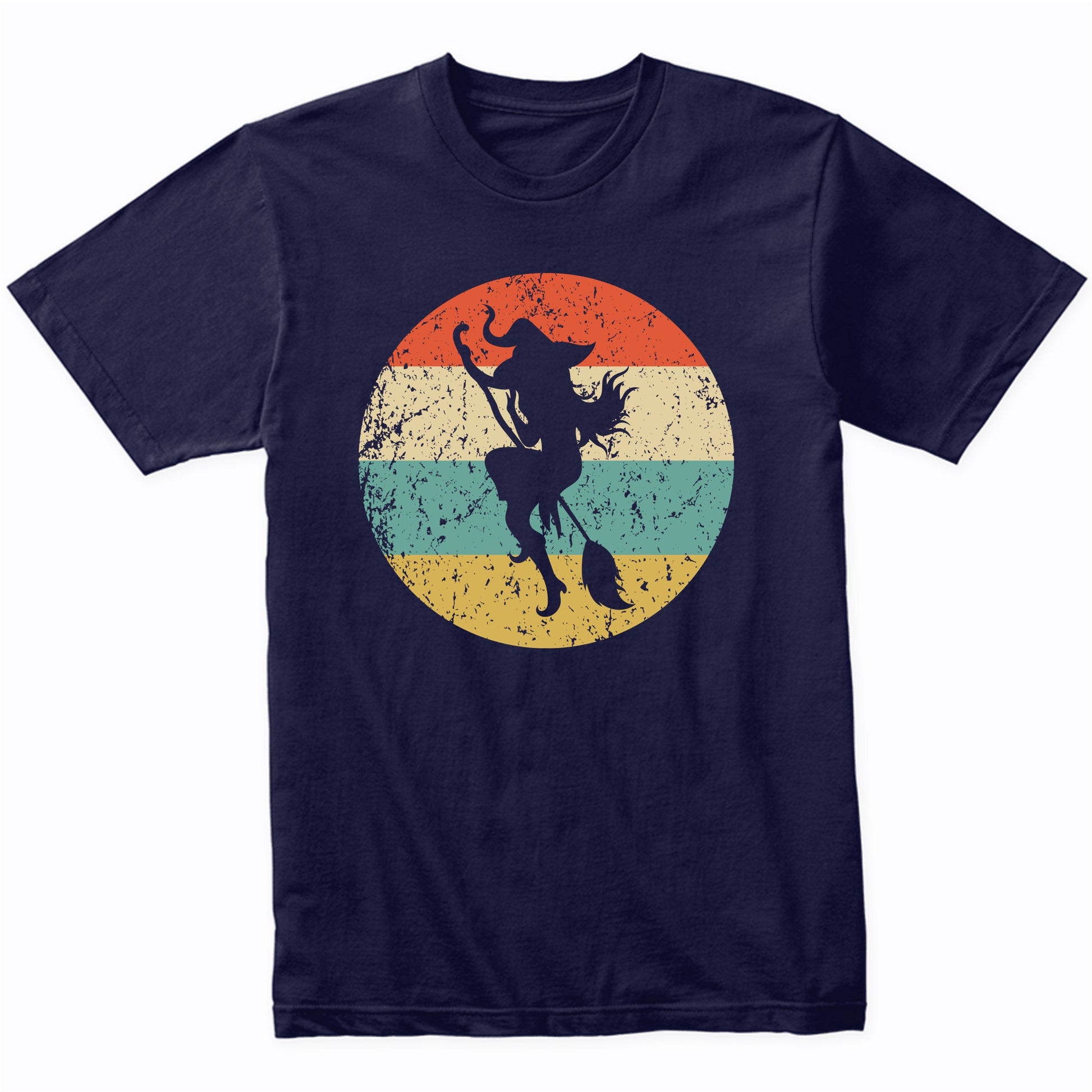 Halloween Spooky Scary Flying Witch on Broom Stick Retro T-Shirt