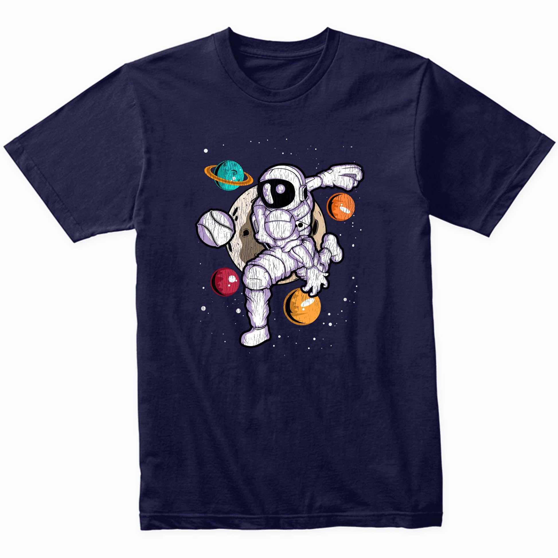 Baseball Pitcher Astronaut Outer Space Spaceman Distressed T-Shirt