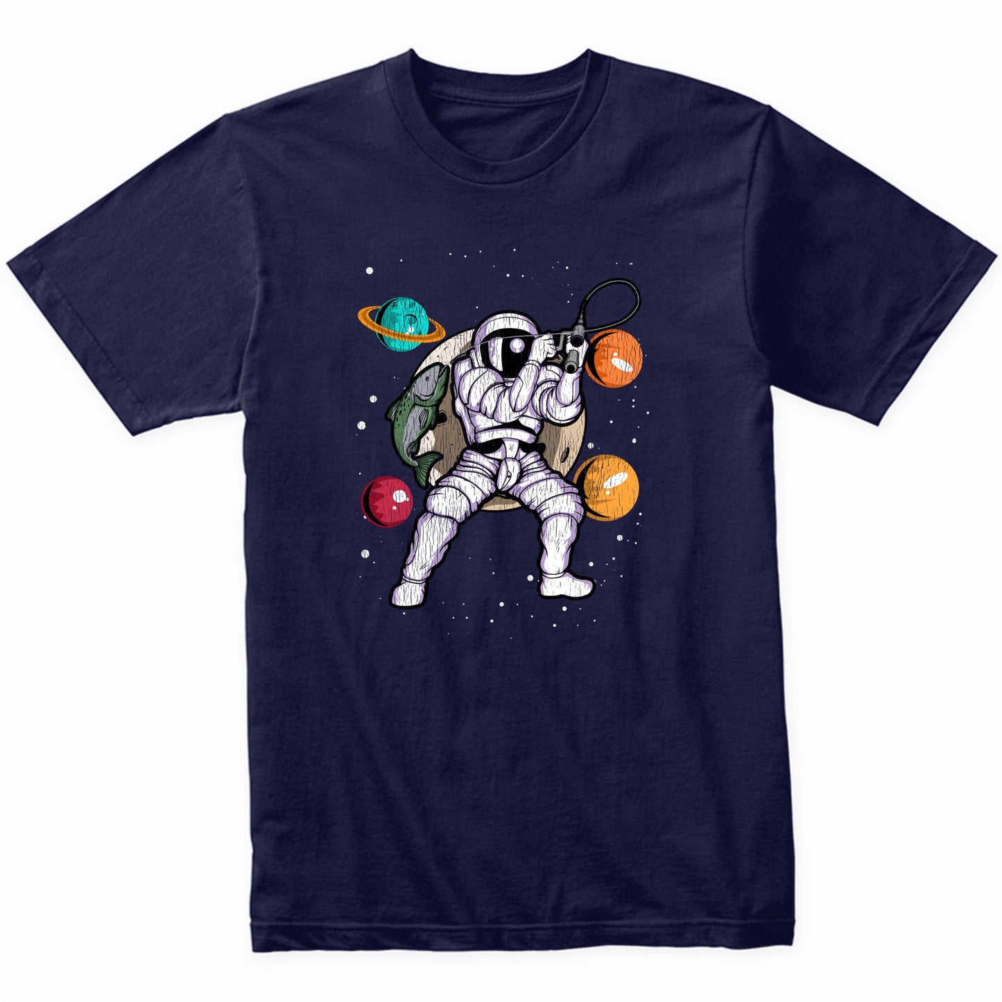 Fishing Astronaut Outer Space Spaceman Distressed T-Shirt
