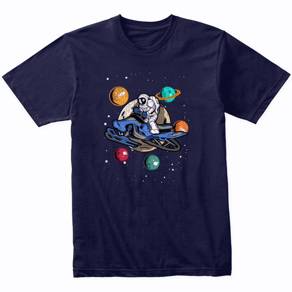 Snowmobiling Astronaut Outer Space Spaceman Snowmobile Distressed T-Shirt