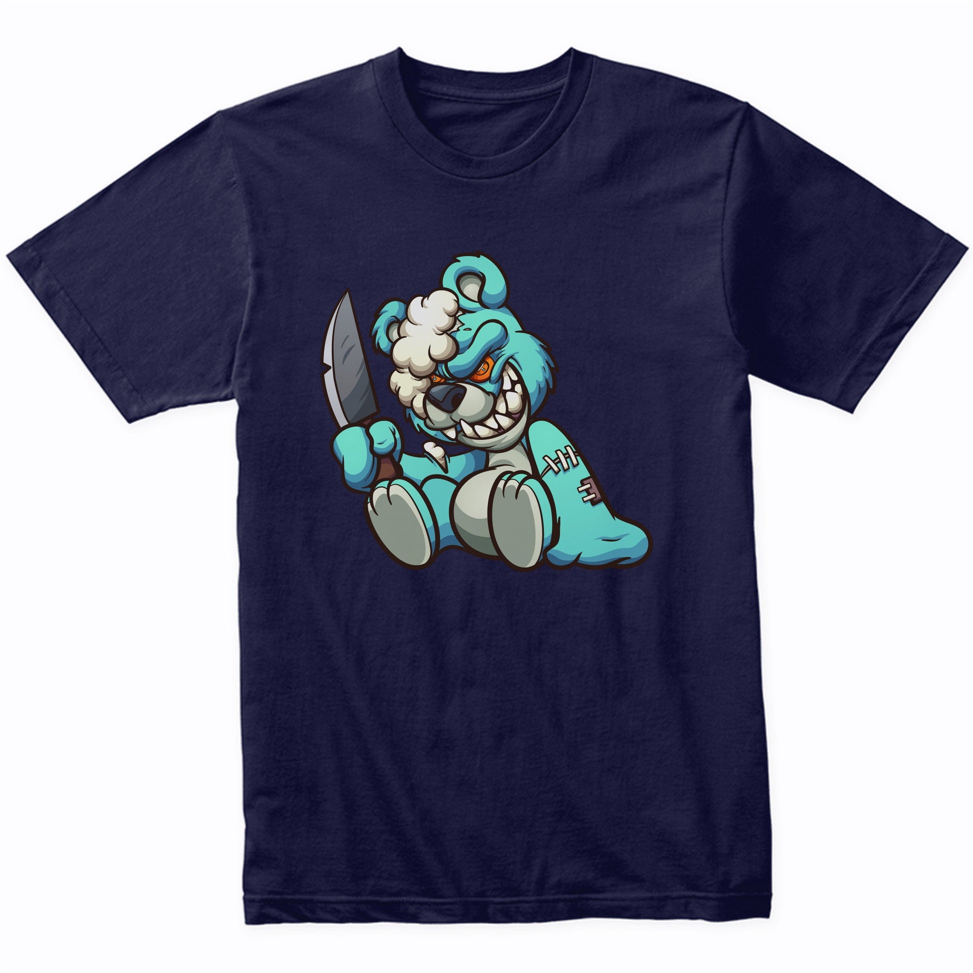 Evil Blue Teddy Bear With Knife Demented Deranged Bear T-Shirt