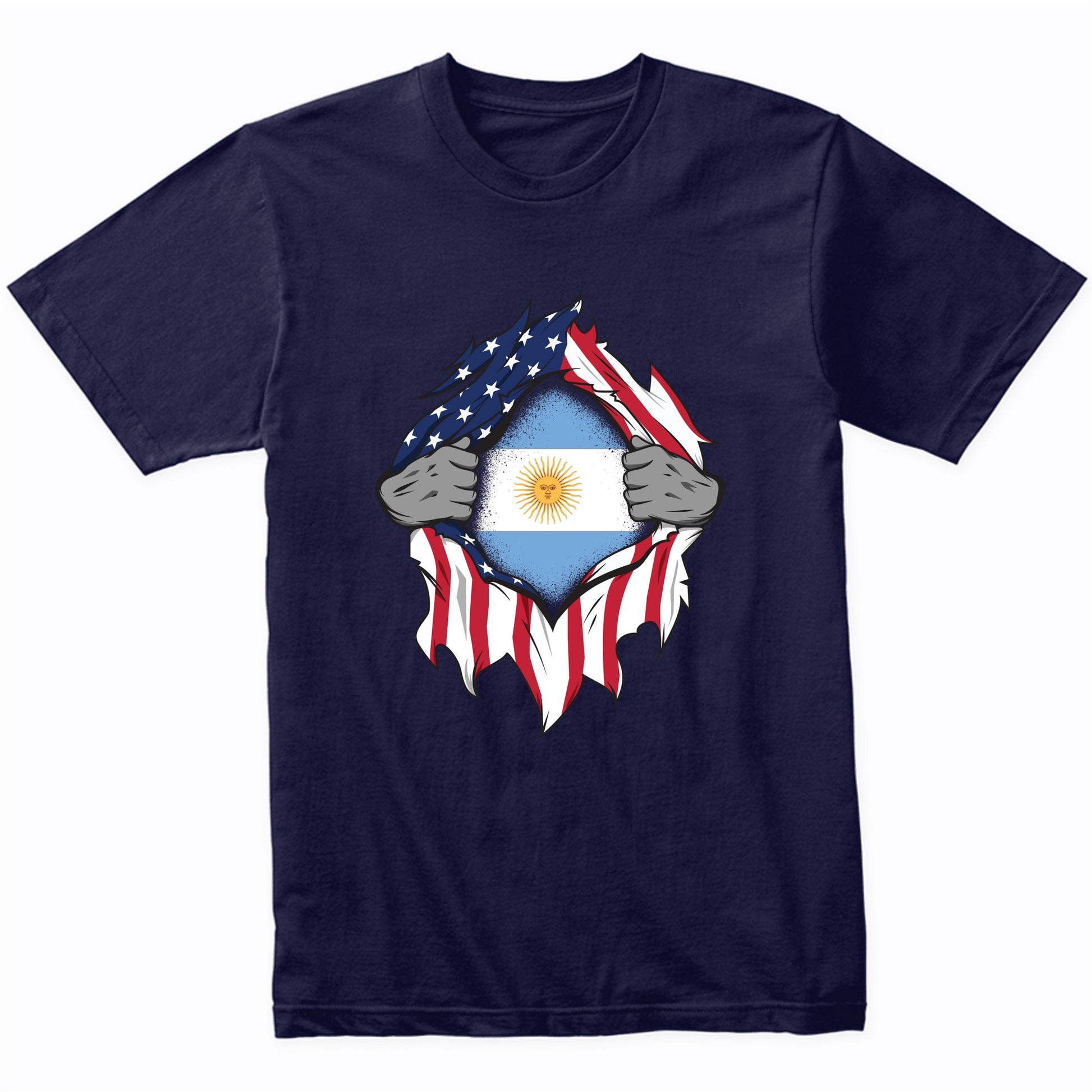 Argentinian American Flags Hands Ripping Flag on Chest T-Shirt