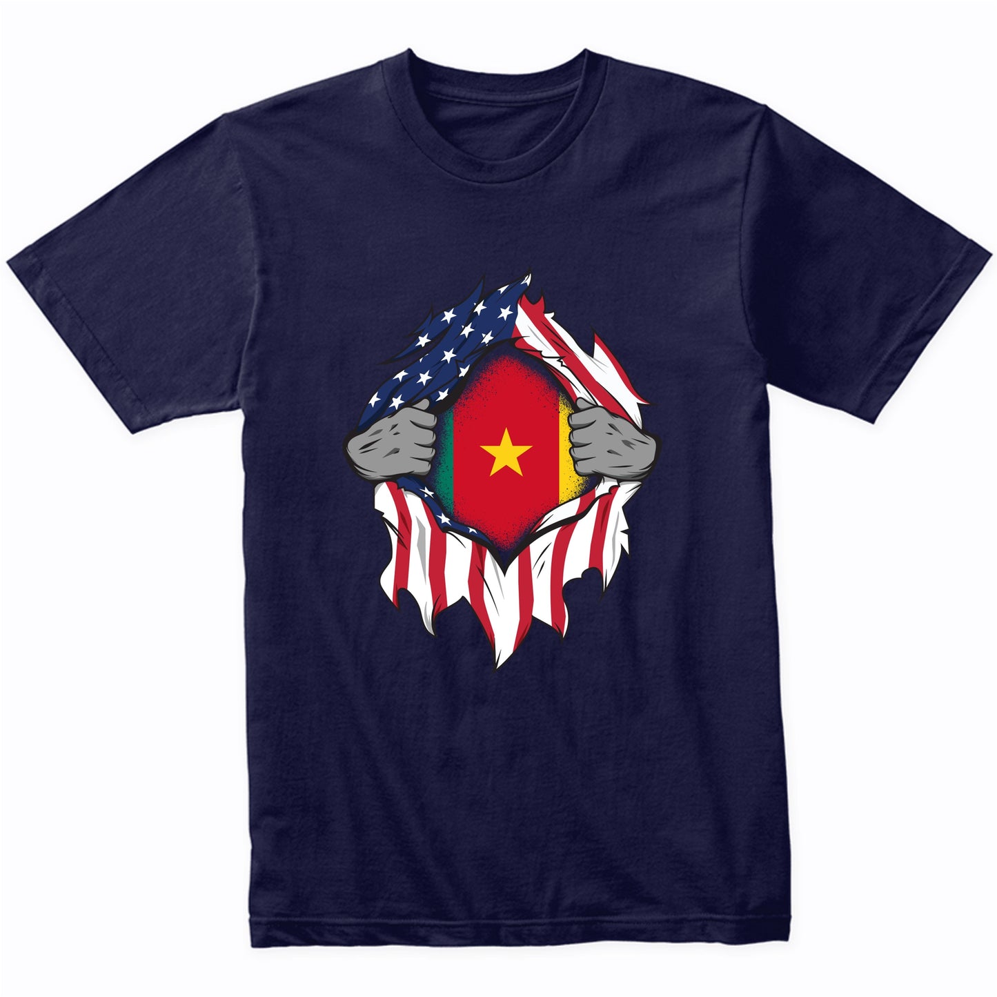 Cameroonian American Flags Hands Ripping Flag on Chest T-Shirt