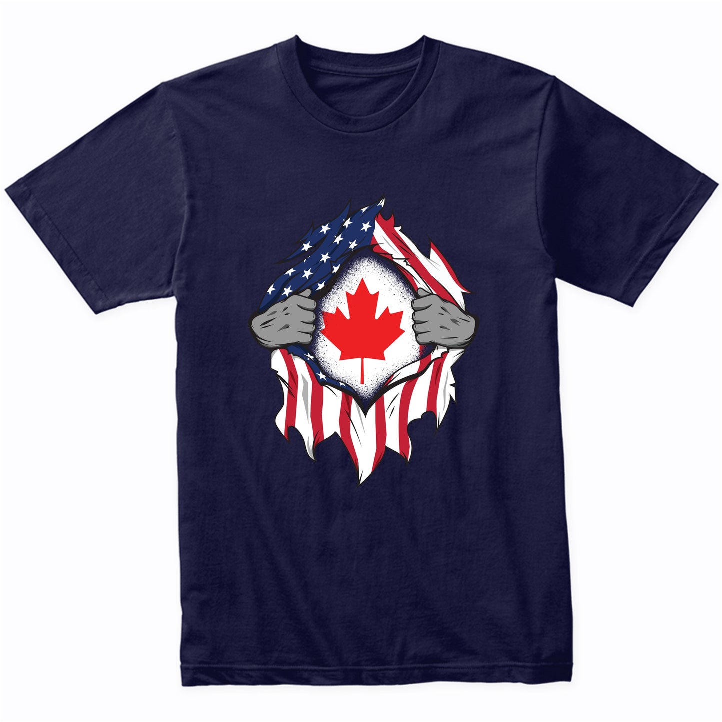 Canadian American Flags Hands Ripping Flag on Chest T-Shirt