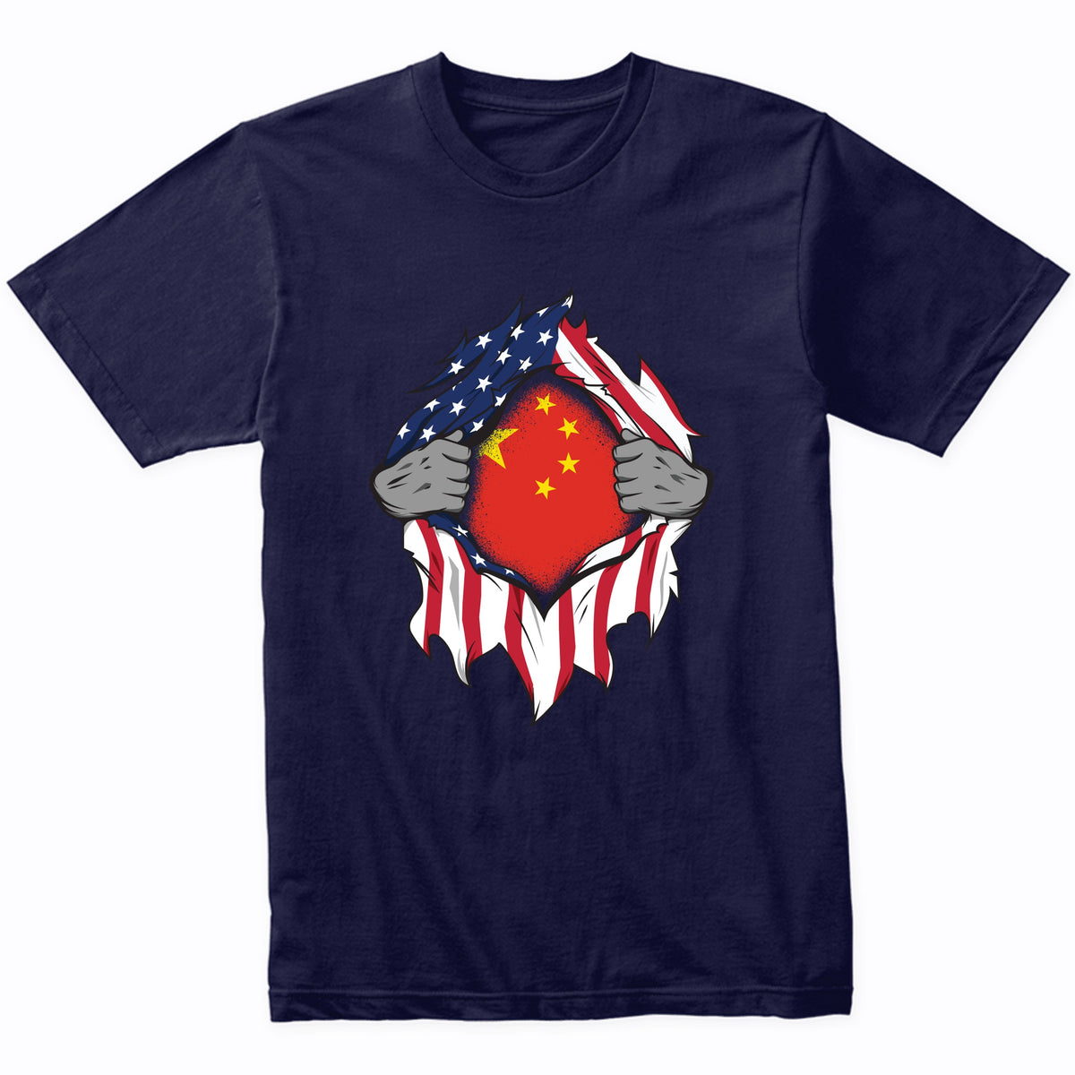 Chinese American Flags Hands Ripping Flag on Chest T-Shirt