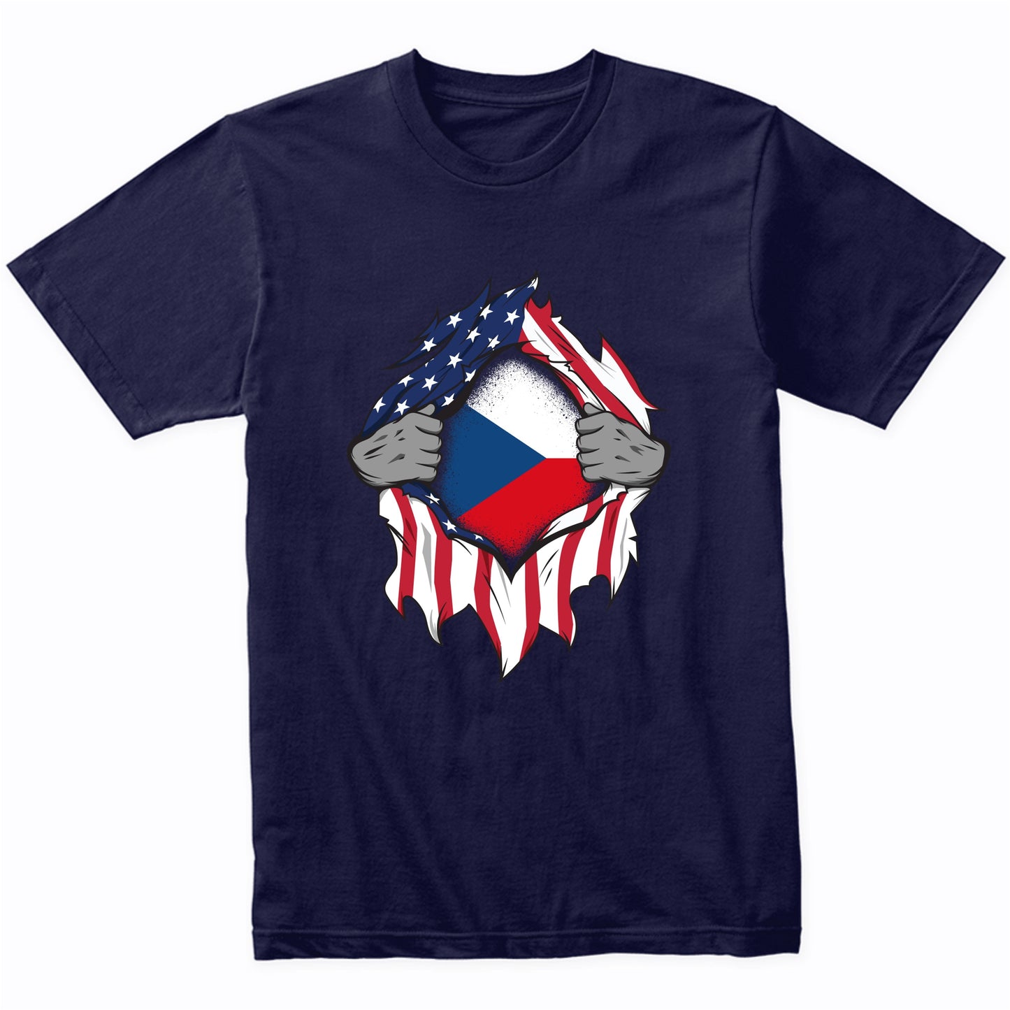 Czech American Flags Hands Ripping Flag on Chest T-Shirt