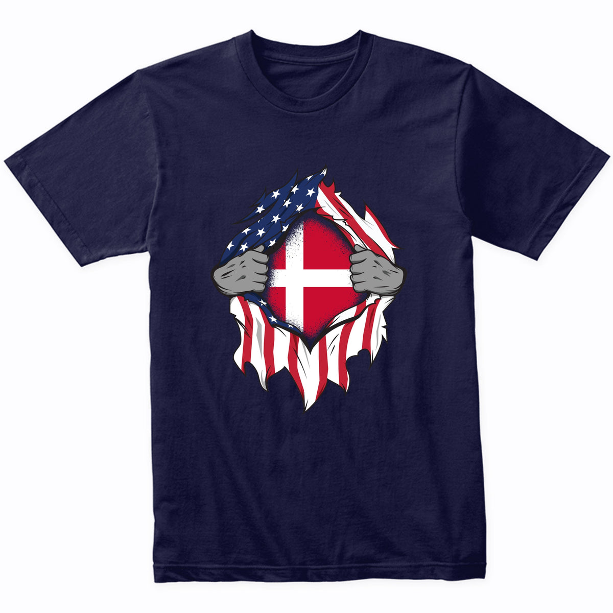 Danish American Flags Hands Ripping Flag on Chest T-Shirt