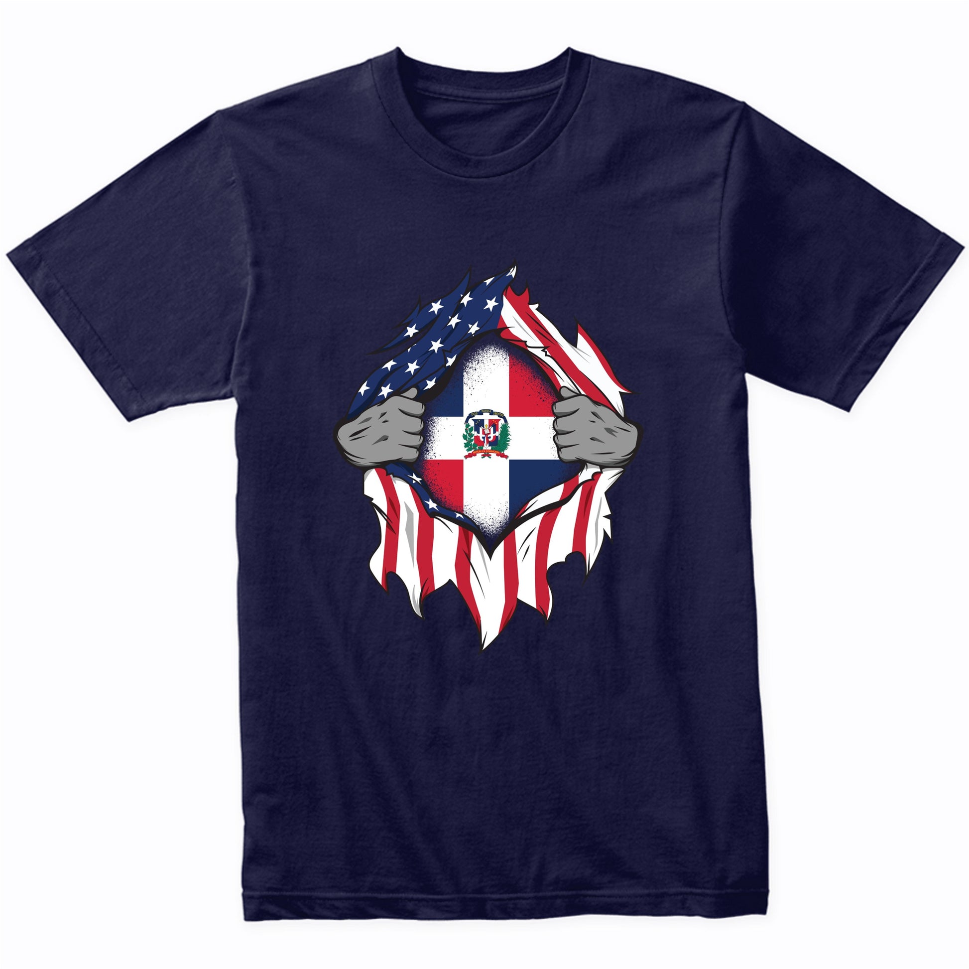 Dominican American Flags Hands Ripping Flag on Chest T-Shirt
