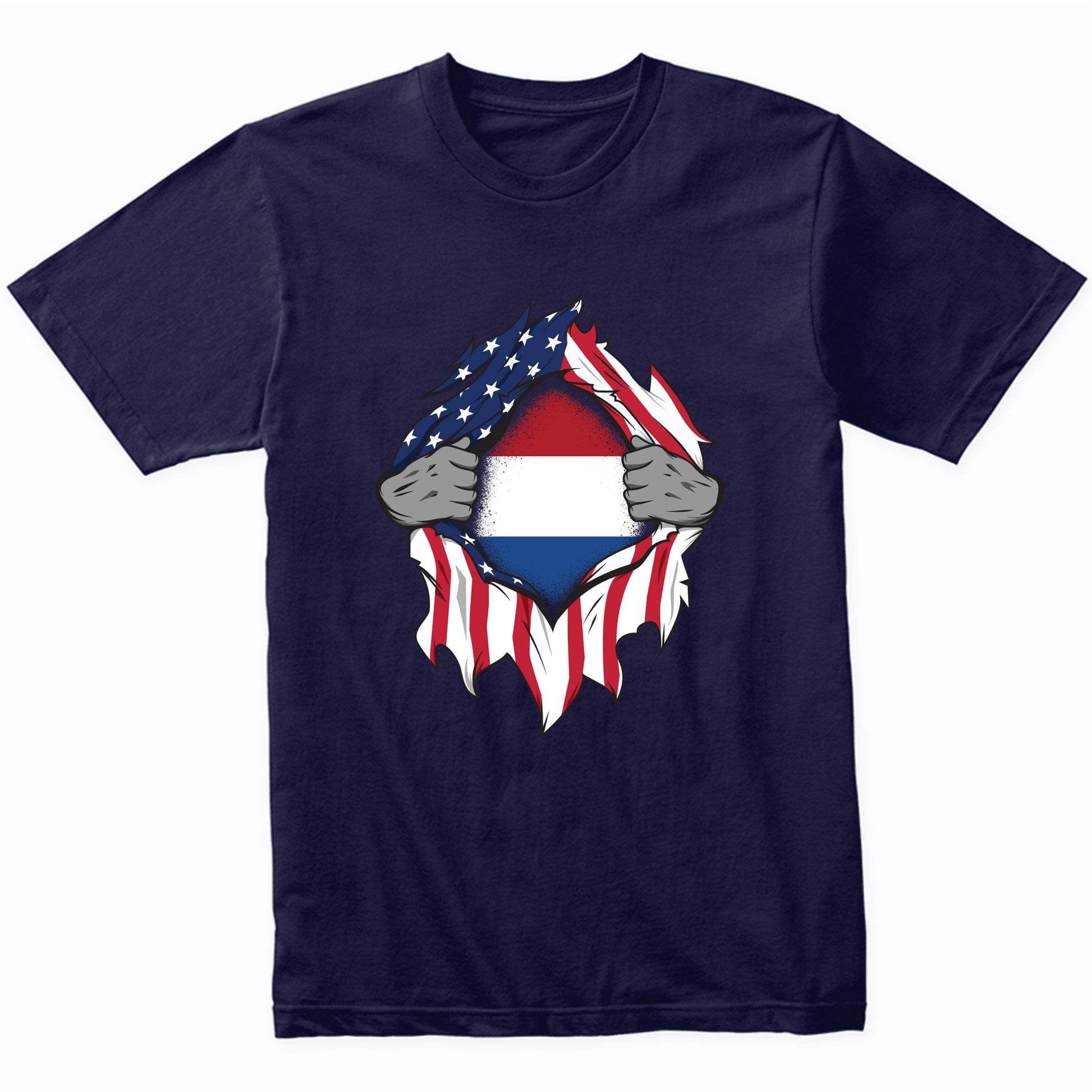 Dutch American Flags Hands Ripping Flag on Chest T-Shirt