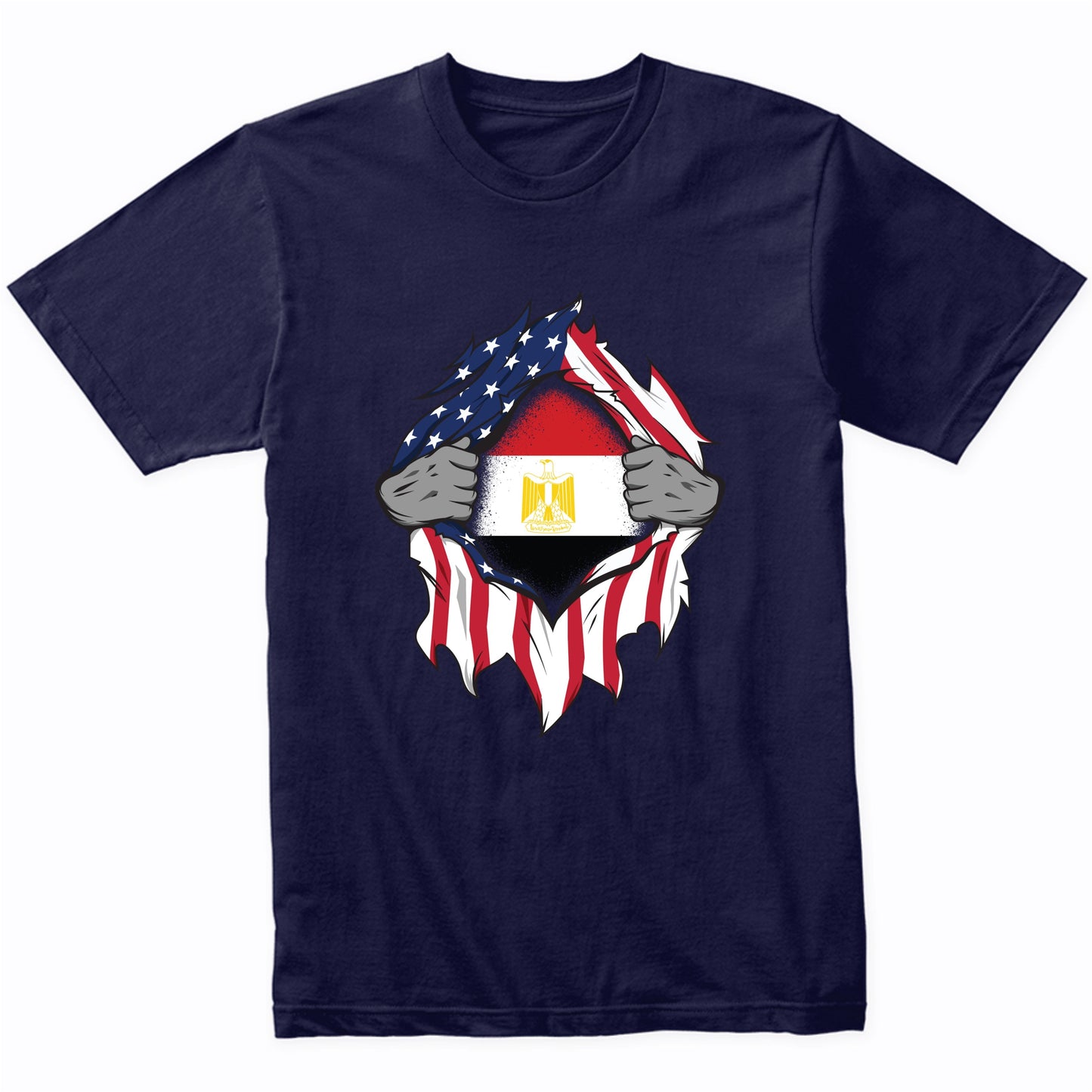 Egyptian American Flags Hands Ripping Flag on Chest T-Shirt