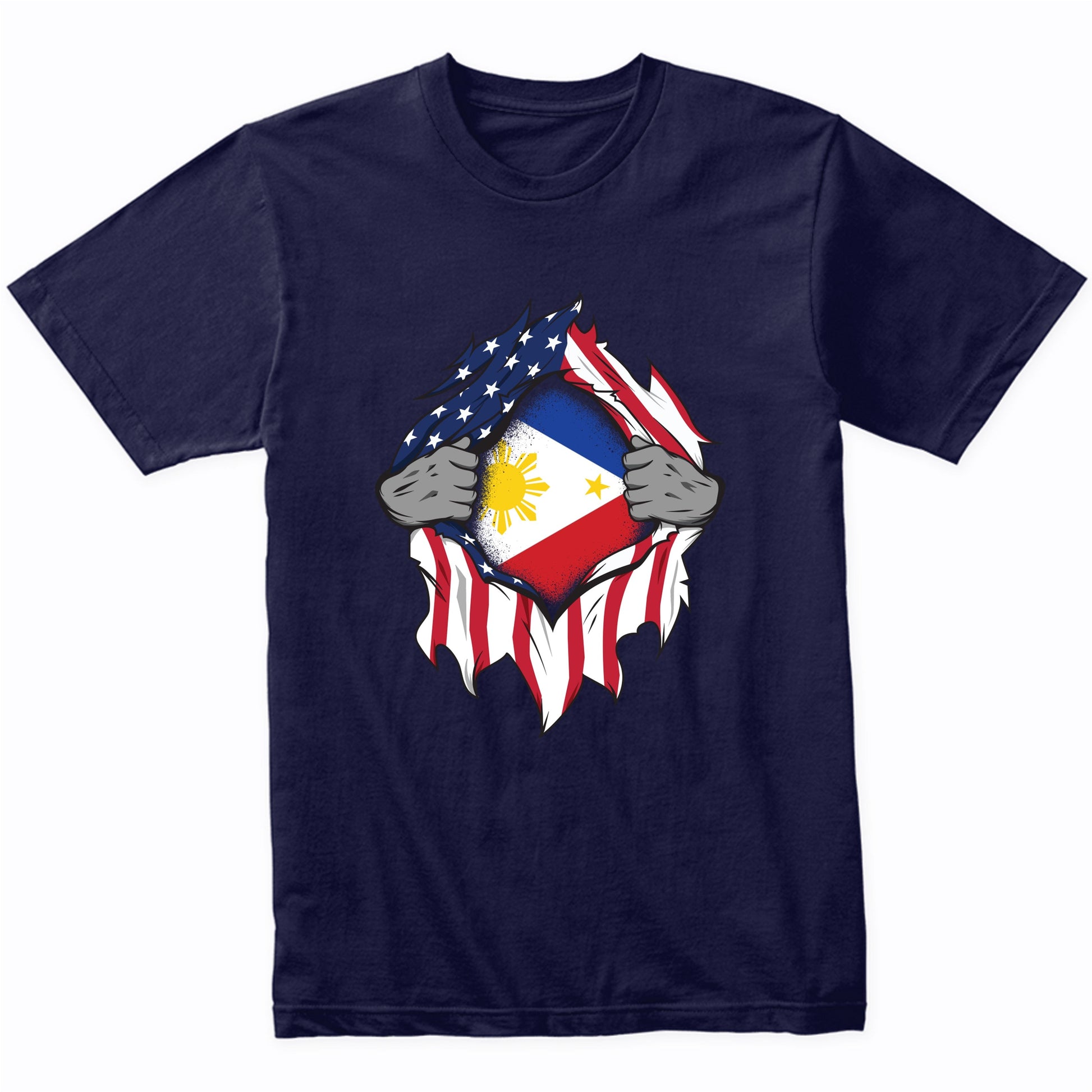 Filipino American Flags Hands Ripping Flag on Chest T-Shirt