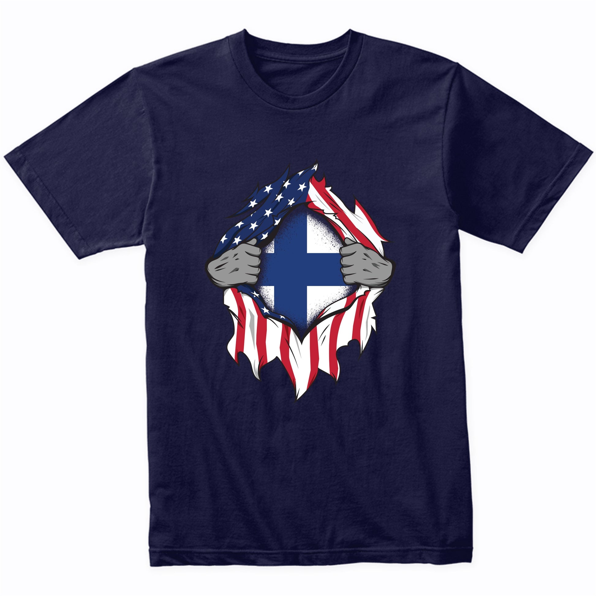Finnish American Flags Hands Ripping Flag on Chest T-Shirt