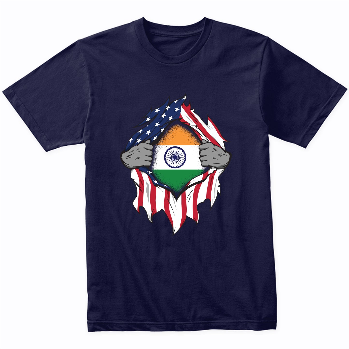 Indian American Flags Hands Ripping Flag on Chest T-Shirt