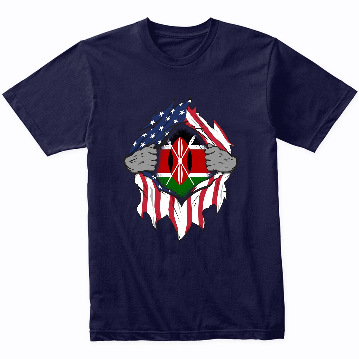Kenyan American Flags Hands Ripping Flag on Chest T-Shirt