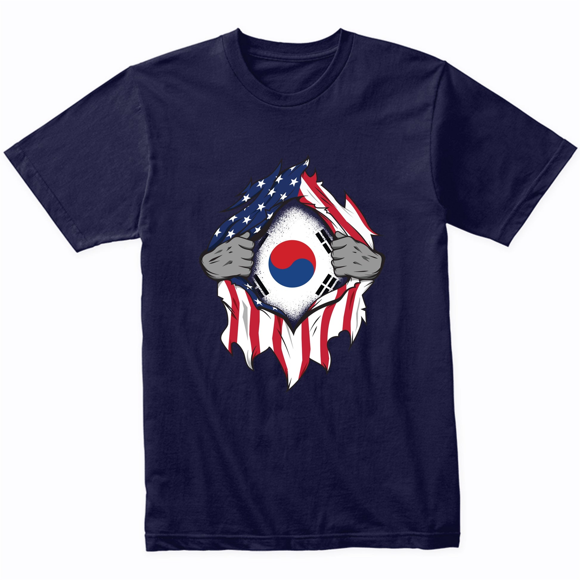 Korean American Flags Hands Ripping Flag on Chest T-Shirt