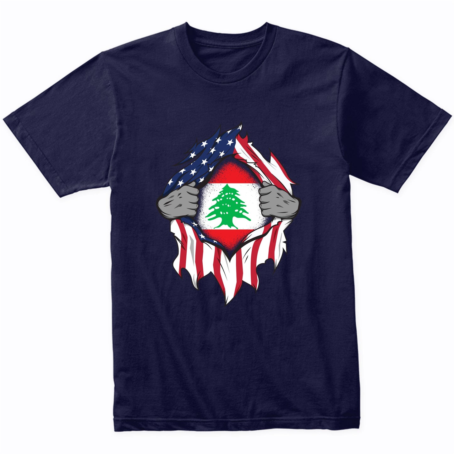 Lebanese American Flags Hands Ripping Flag on Chest T-Shirt