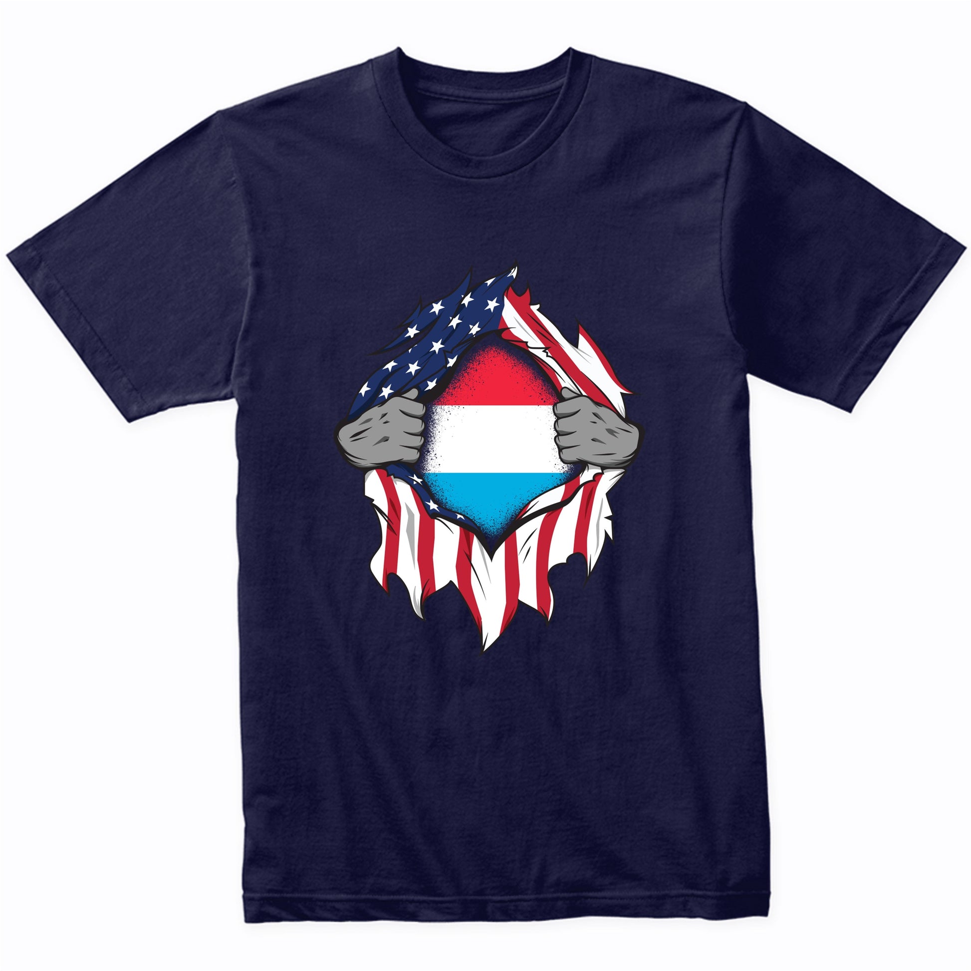 Luxembourgish American Flags Hands Ripping Flag on Chest T-Shirt