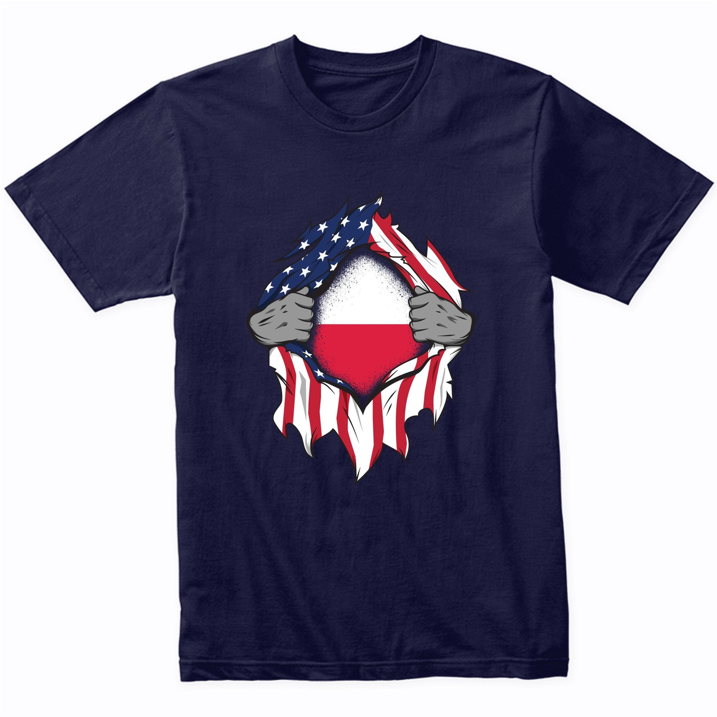 Polish American Flags Hands Ripping Flag on Chest T-Shirt