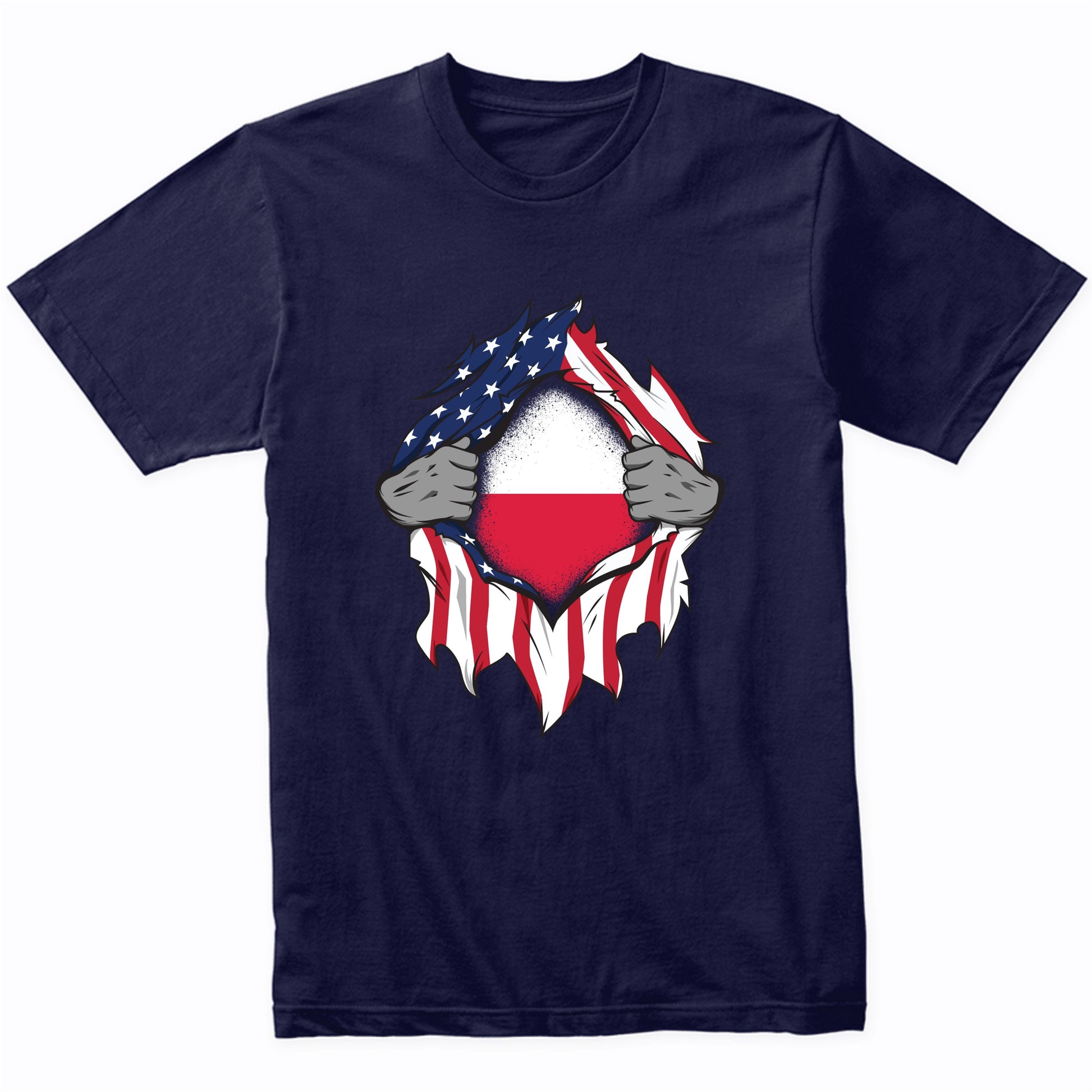Polish American Flags Hands Ripping Flag on Chest T-Shirt