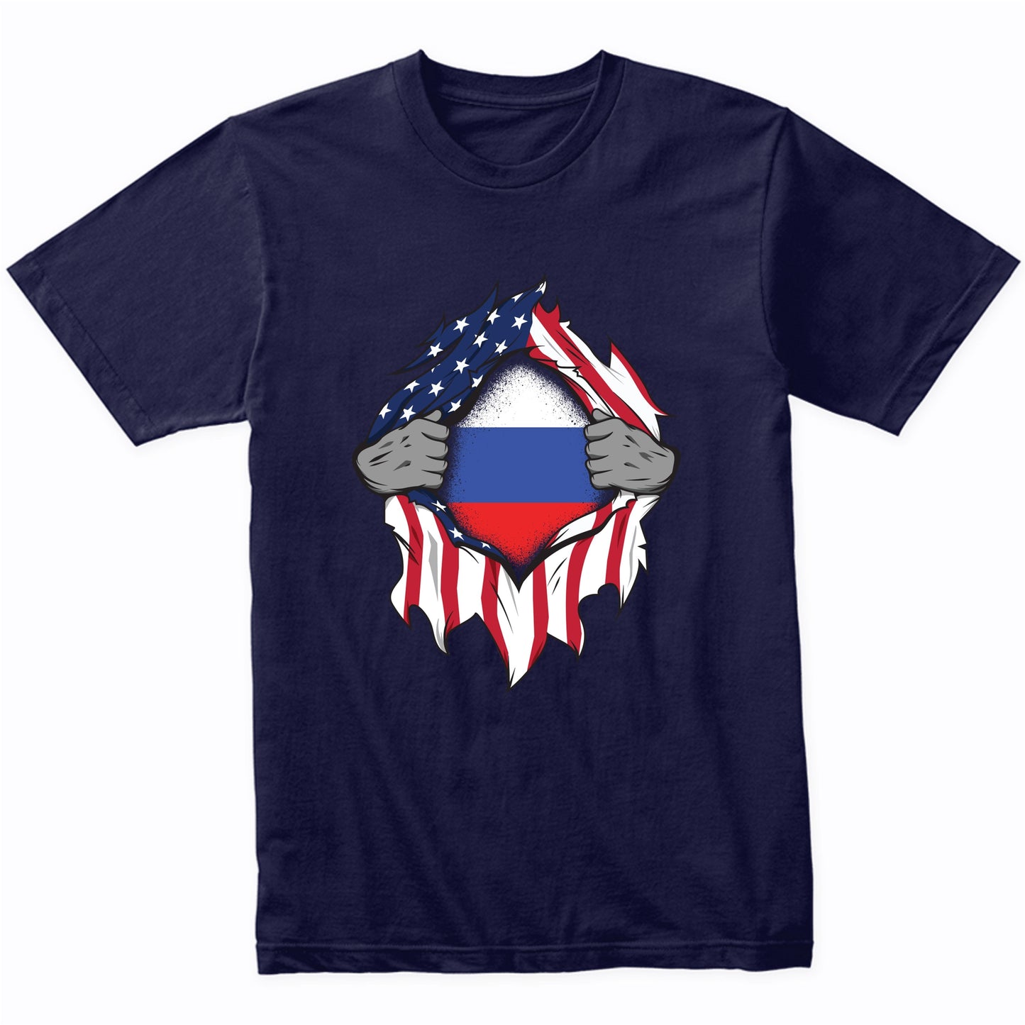 Russian American Flags Hands Ripping Flag on Chest T-Shirt