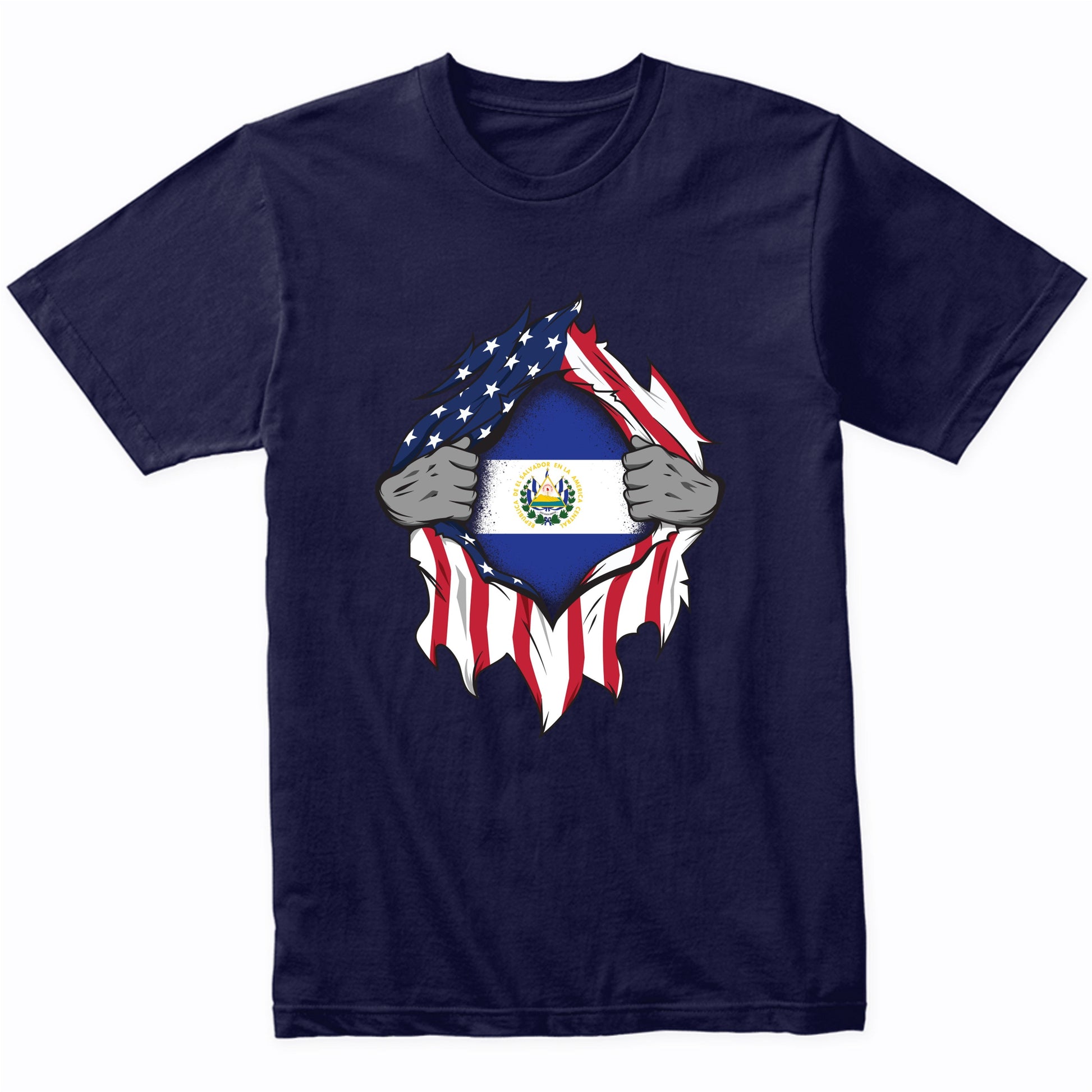 Salvadorian American Flags Hands Ripping Flag on Chest T-Shirt
