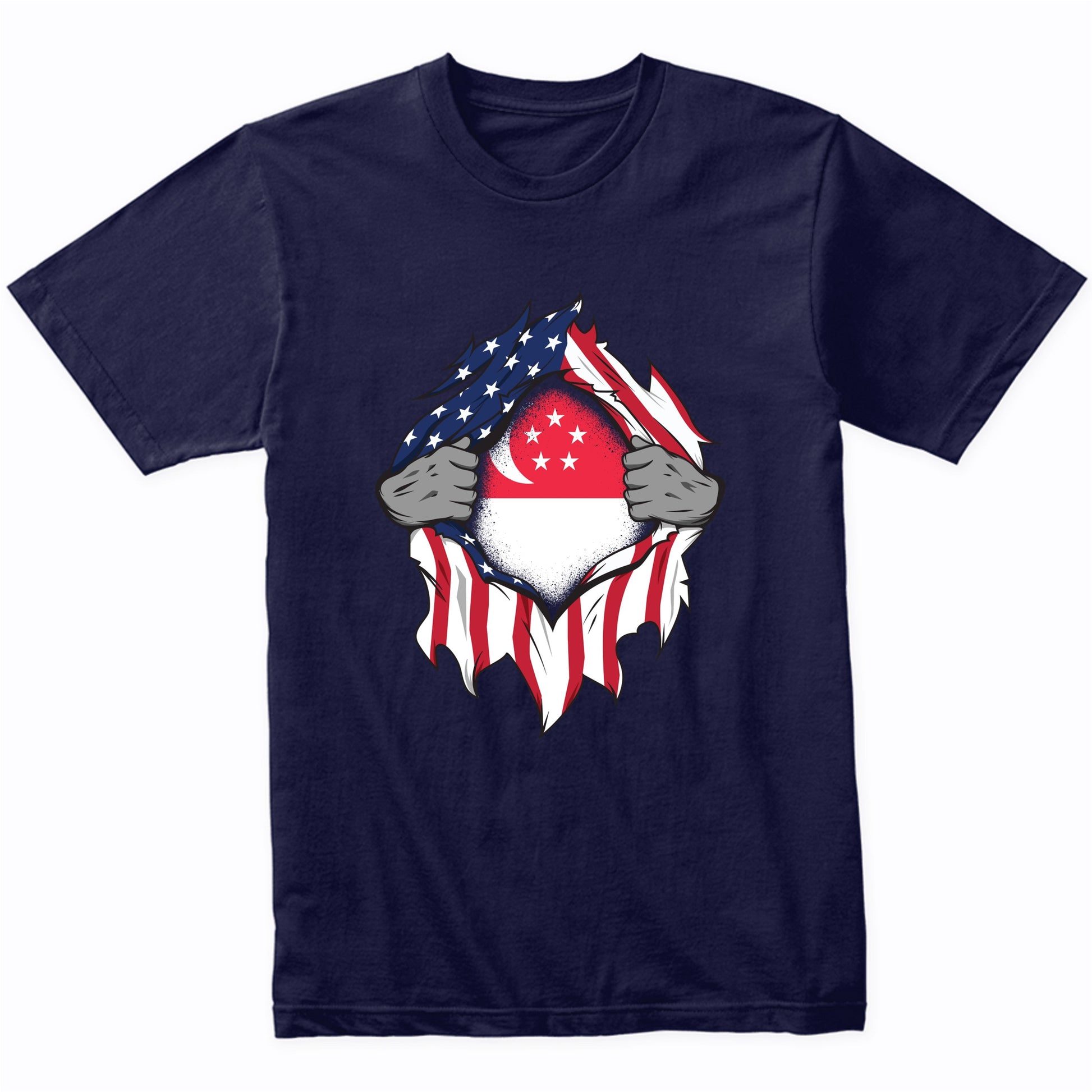 Singaporean American Flags Hands Ripping Flag on Chest T-Shirt