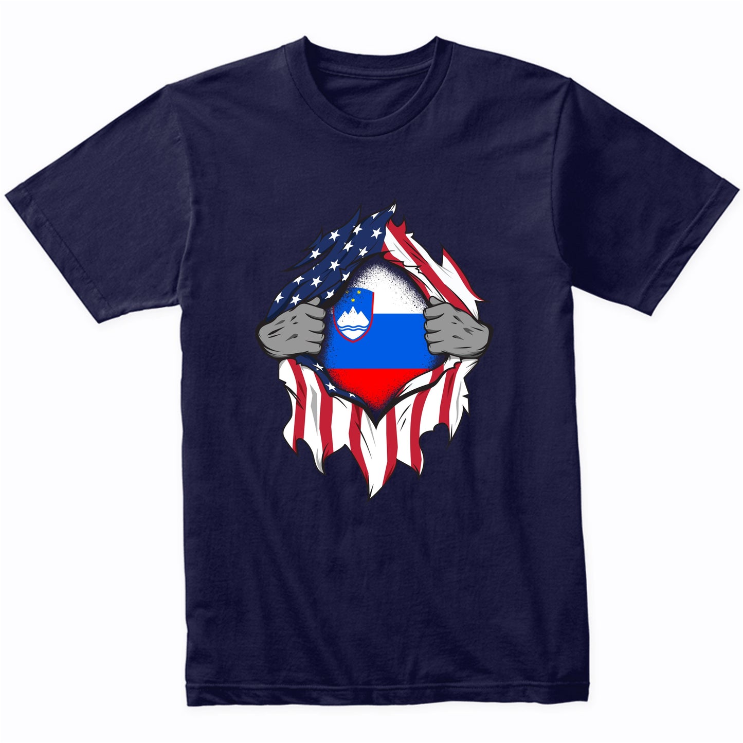 Slovenian American Flags Hands Ripping Flag on Chest T-Shirt