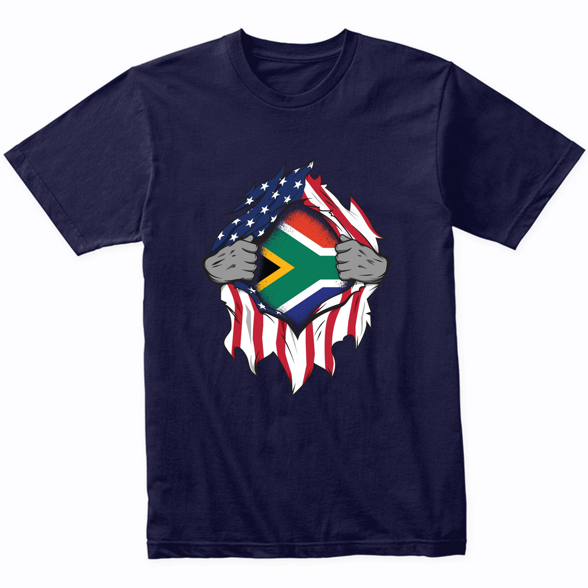 South African American Flags Hands Ripping Flag on Chest T-Shirt