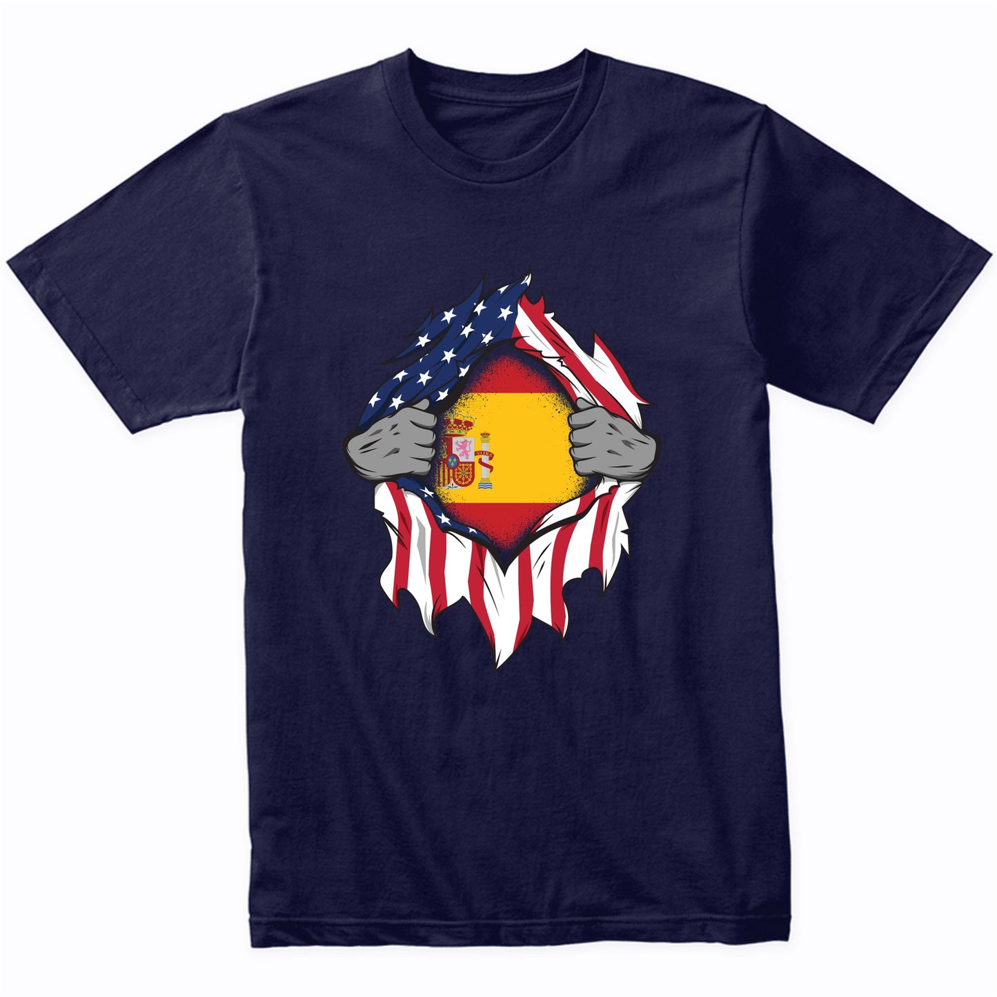 Spanish American Flags Hands Ripping Flag on Chest T-Shirt