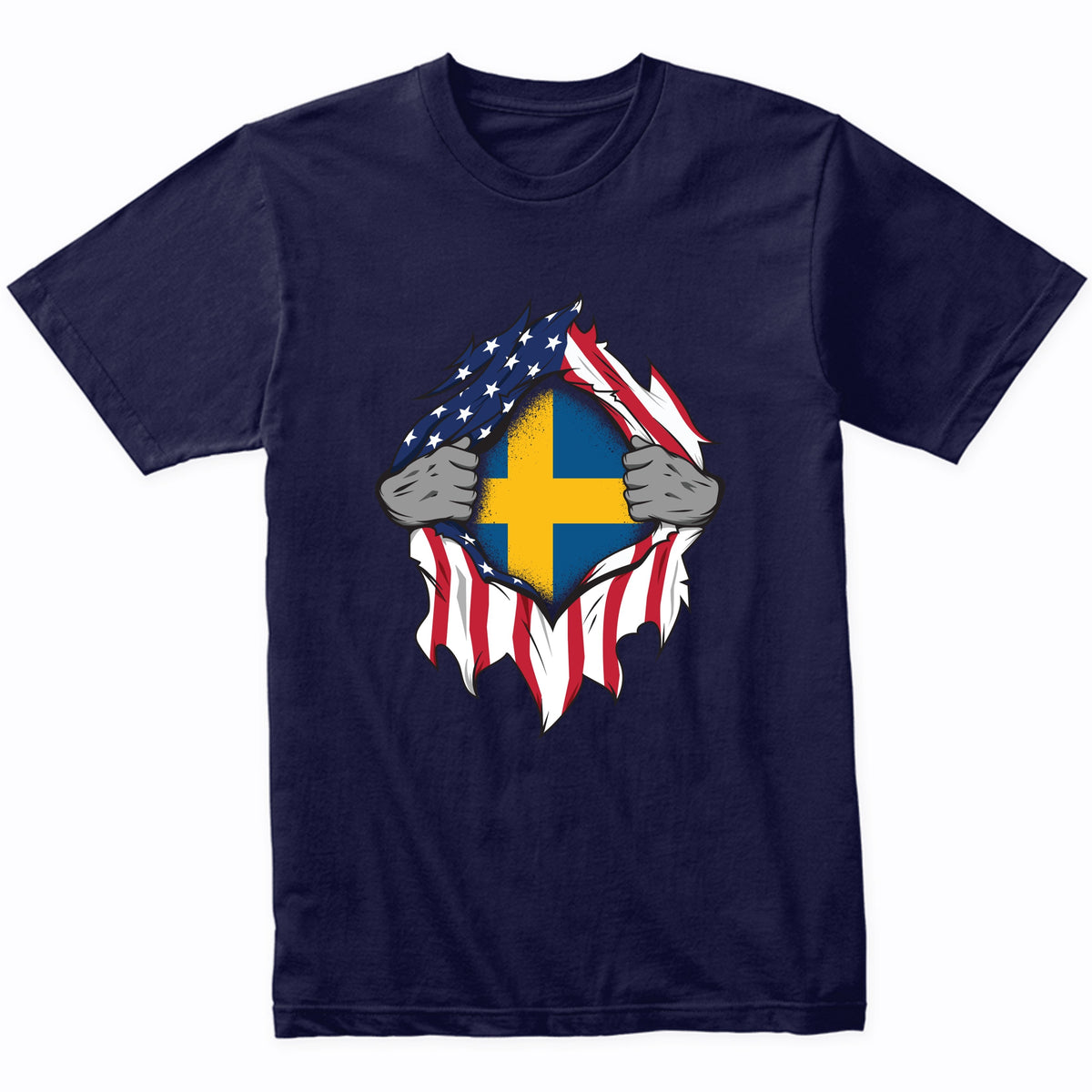 Swedish American Flags Hands Ripping Flag on Chest T-Shirt