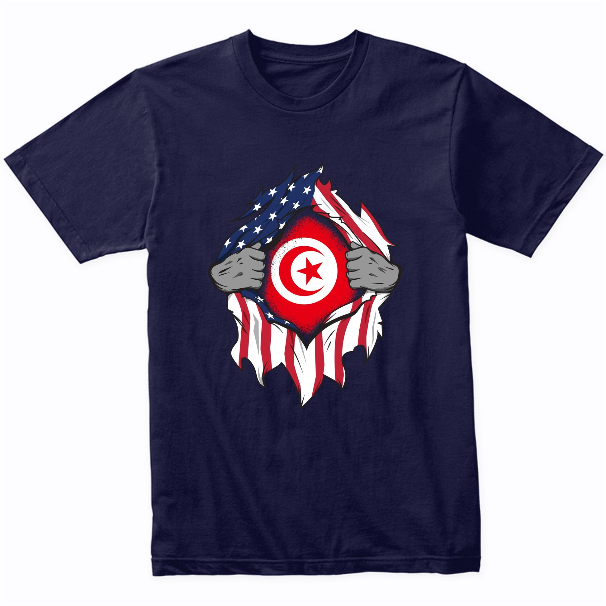 Tunisian American Flags Hands Ripping Flag on Chest T-Shirt