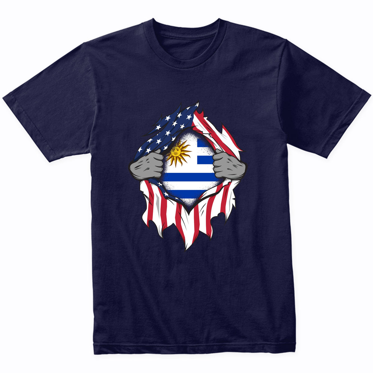 Uruguayan American Flags Hands Ripping Flag on Chest T-Shirt