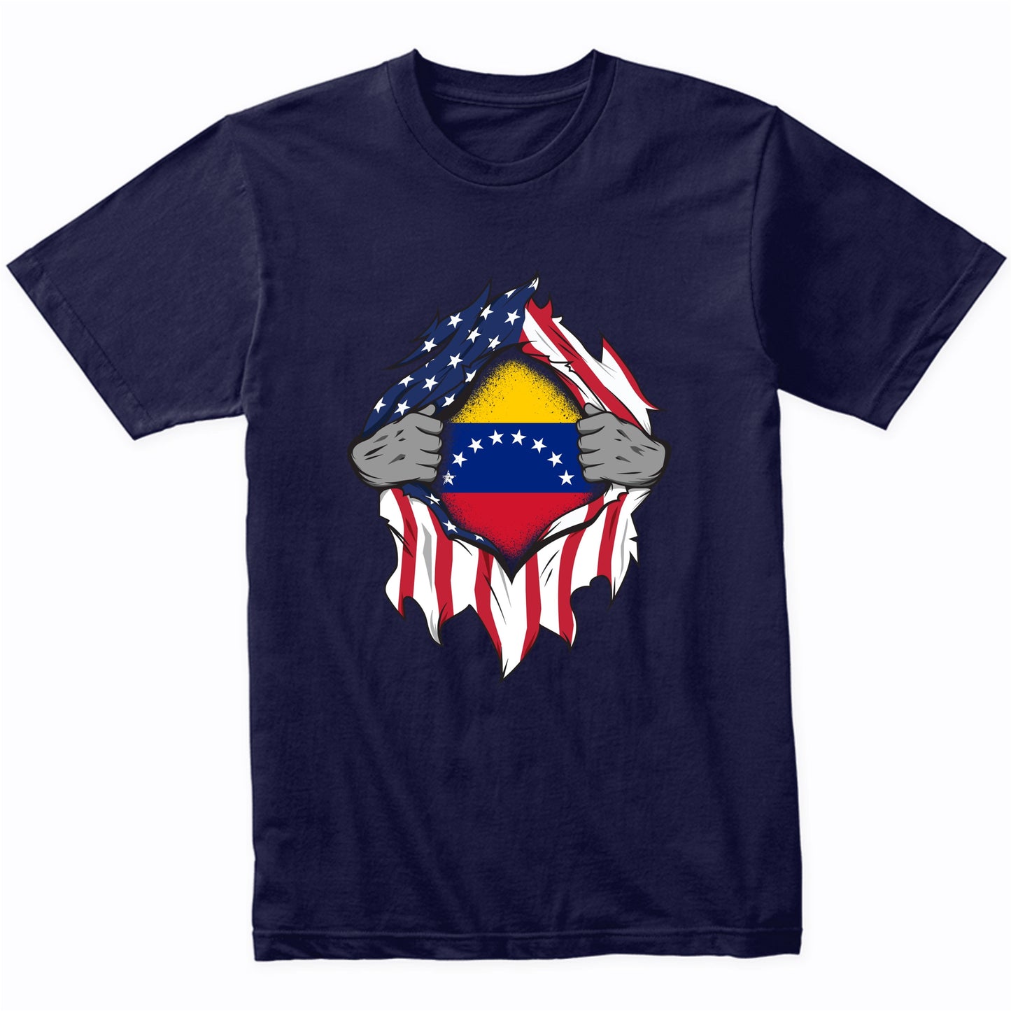Venezuelan American Flags Hands Ripping Flag on Chest T-Shirt