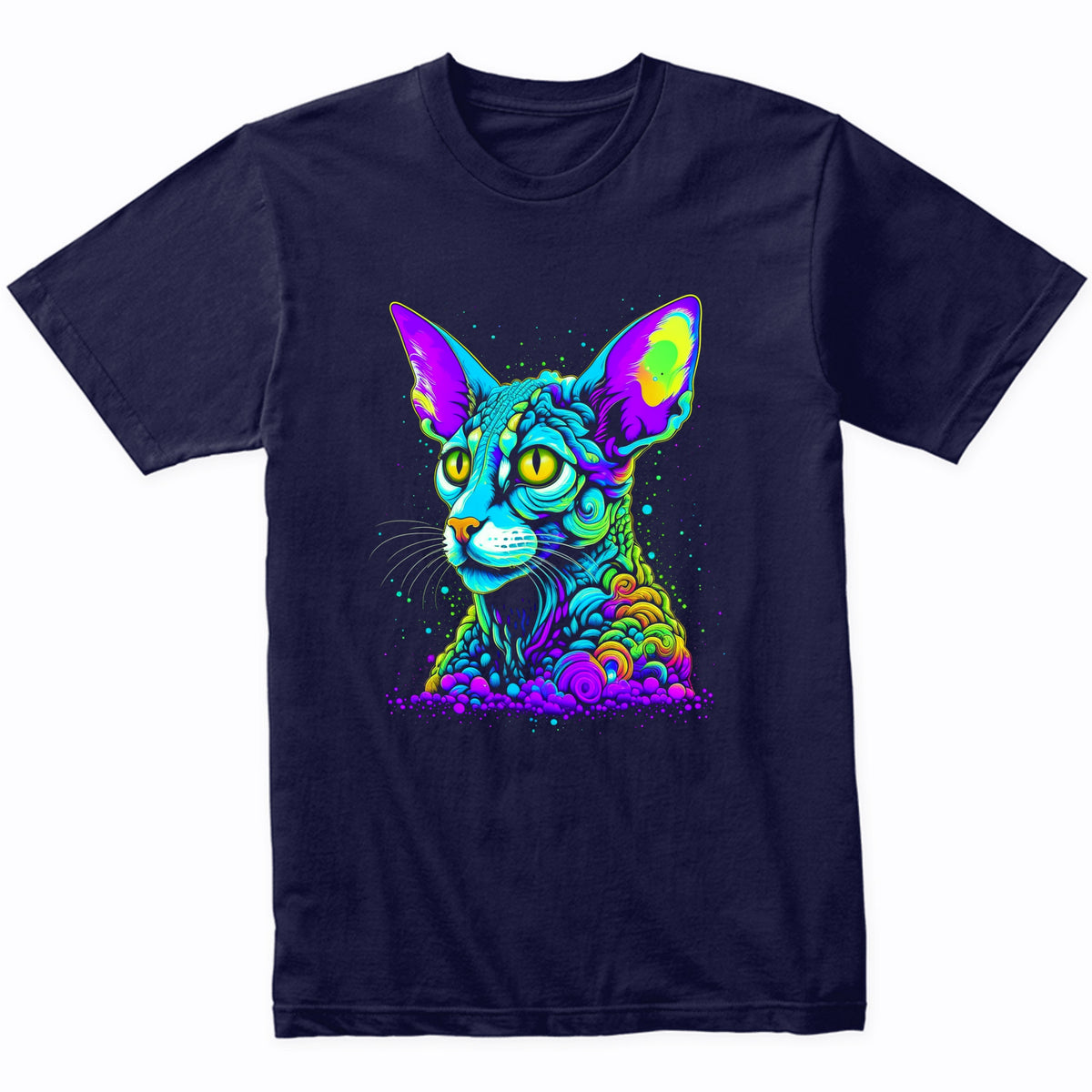 Colorful Bright Cornish Rex Cat Vibrant Psychedelic Cat Art T-Shirt