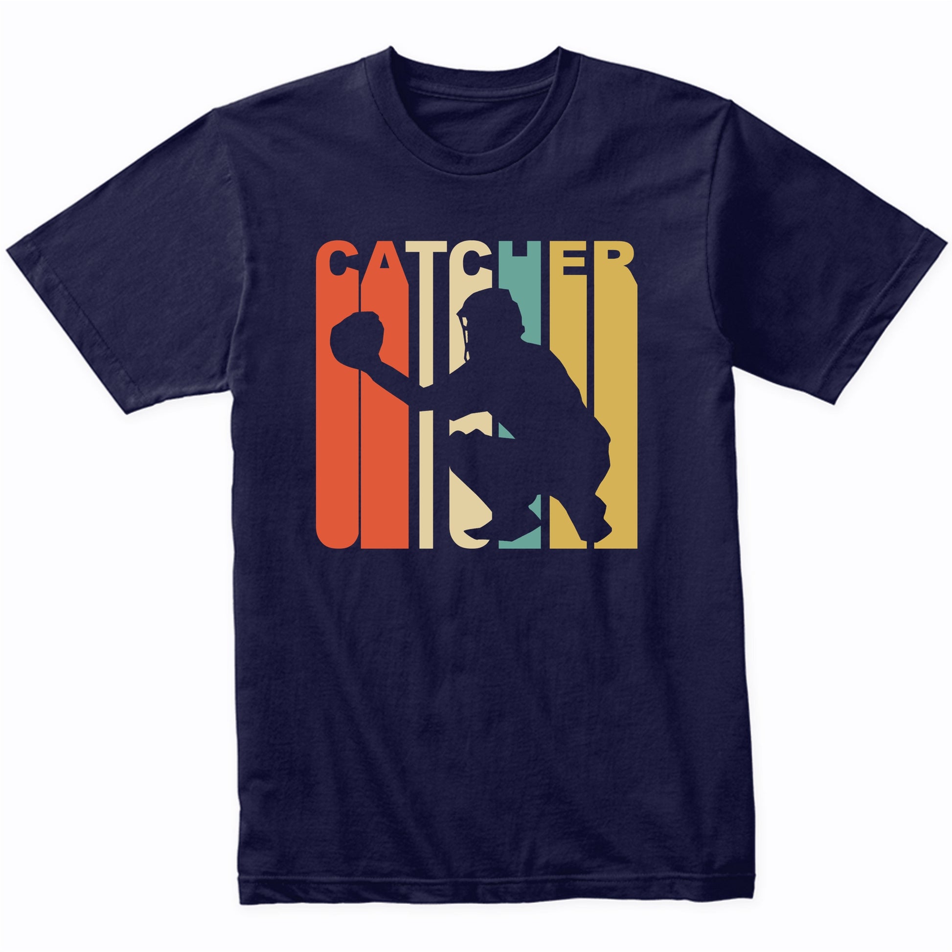 Retro 1970's Style Catcher Silhouette Baseball T-Shirt