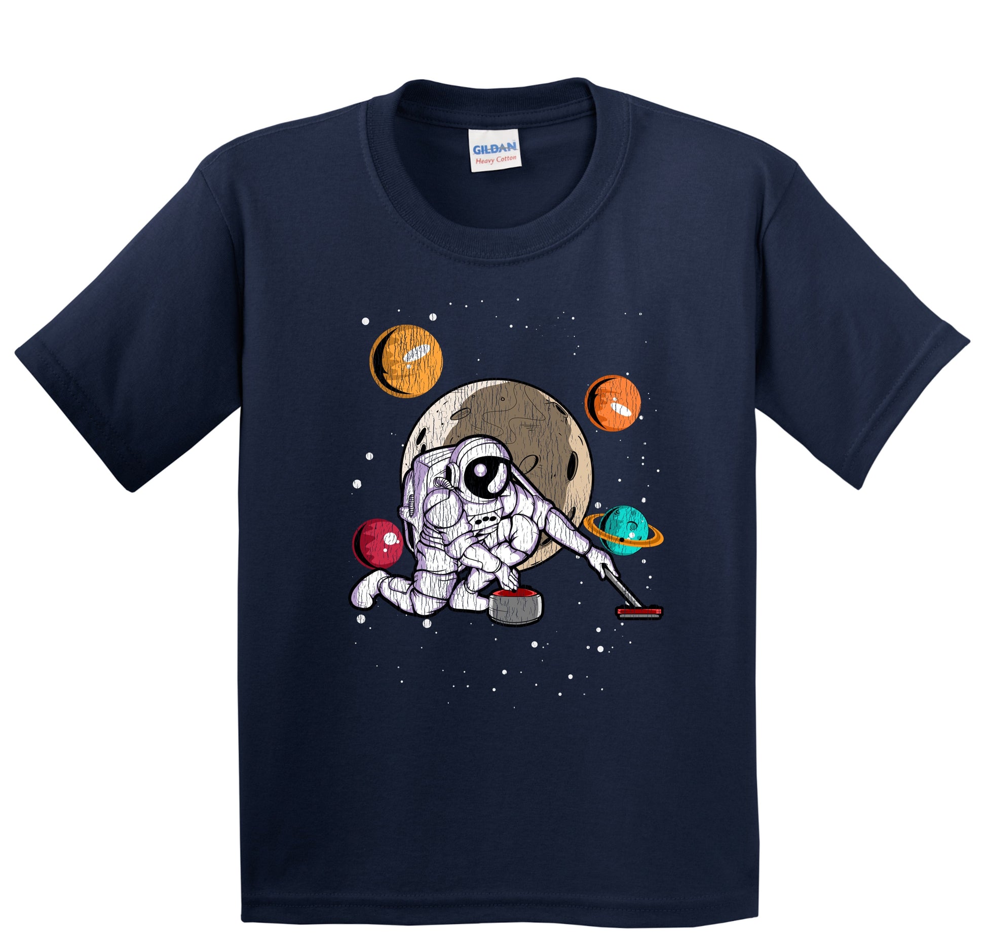 Curling Astronaut Outer Space Spaceman Distressed Youth T-Shirt